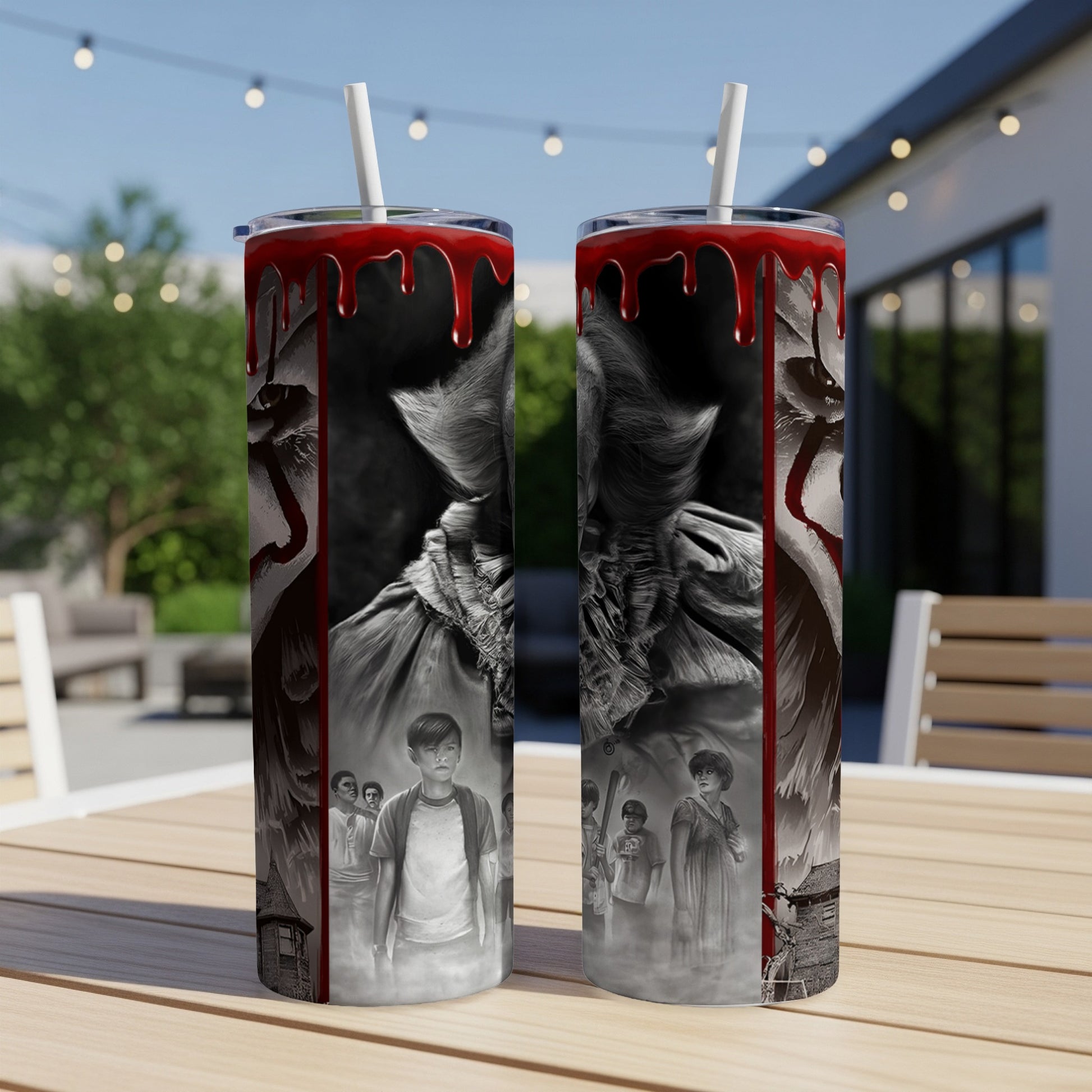 Two tumblers with Pennywise and the Losers' Club art, framed by dripping red.