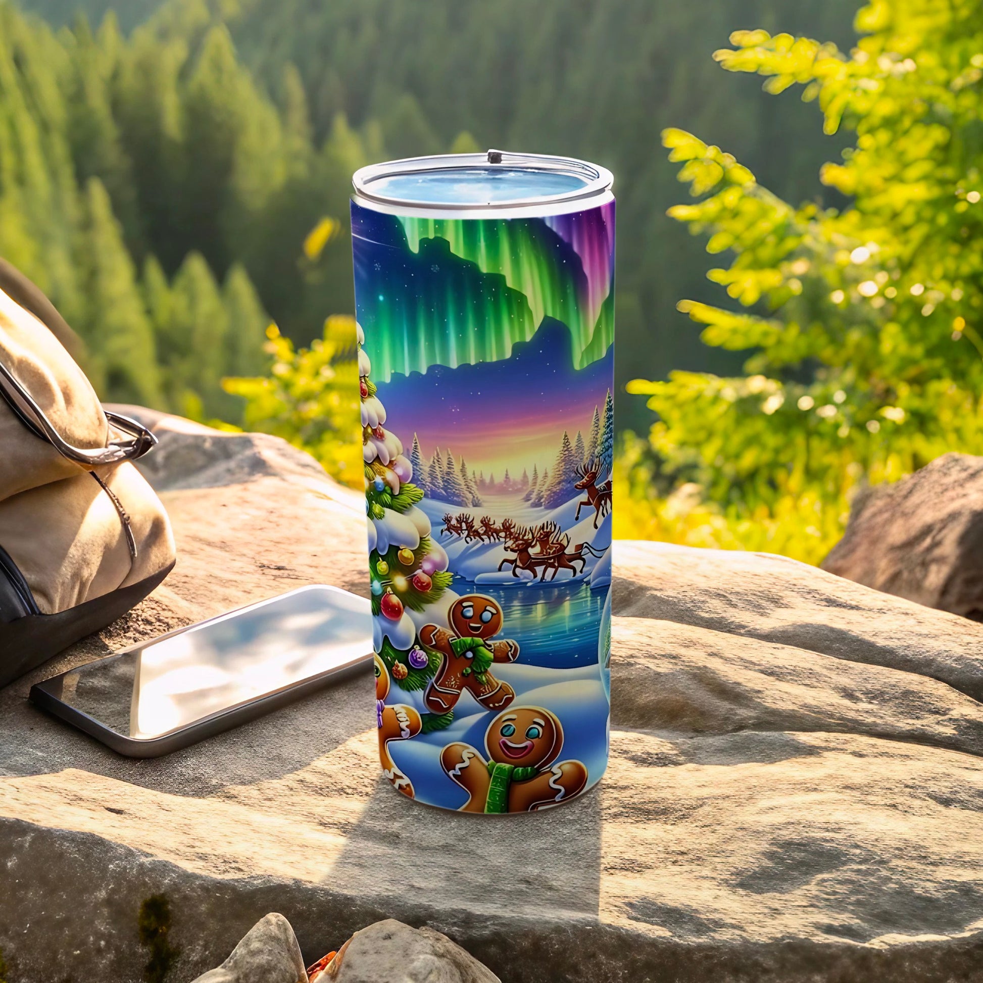Festive Holiday Travel Tumbler with Gingerbread and Reindeer