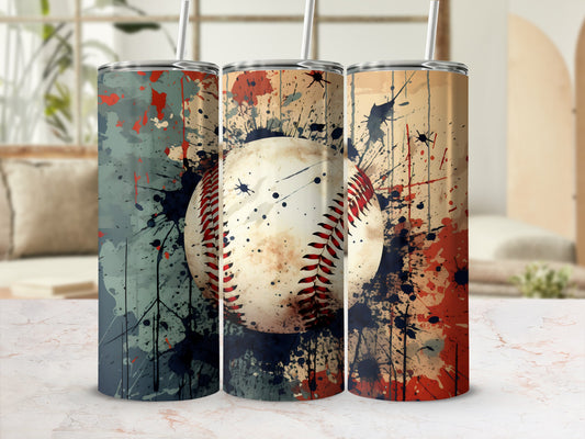 Baseball with paint splatter design on a tumbler.