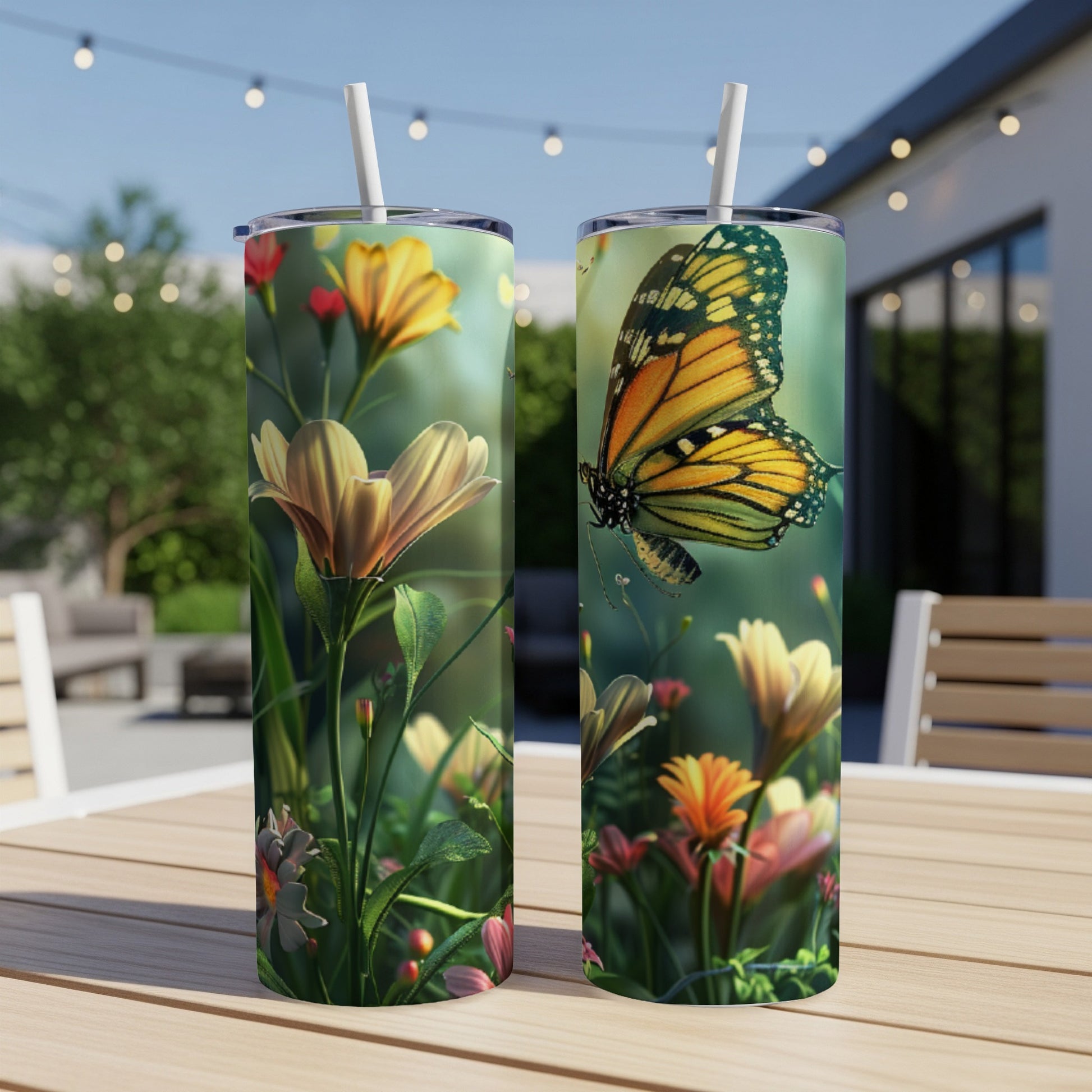 Two tumblers with a monarch butterfly and flowers design on an outdoor table.