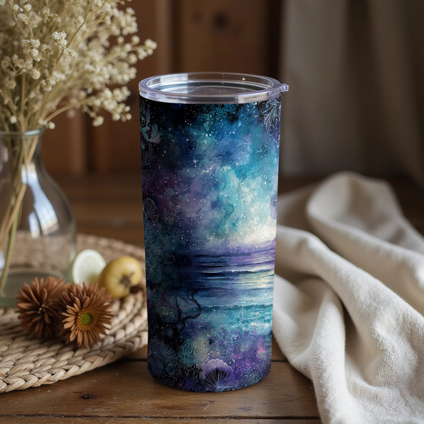 Stunning Oceanic Night Sky Print Travel Tumbler