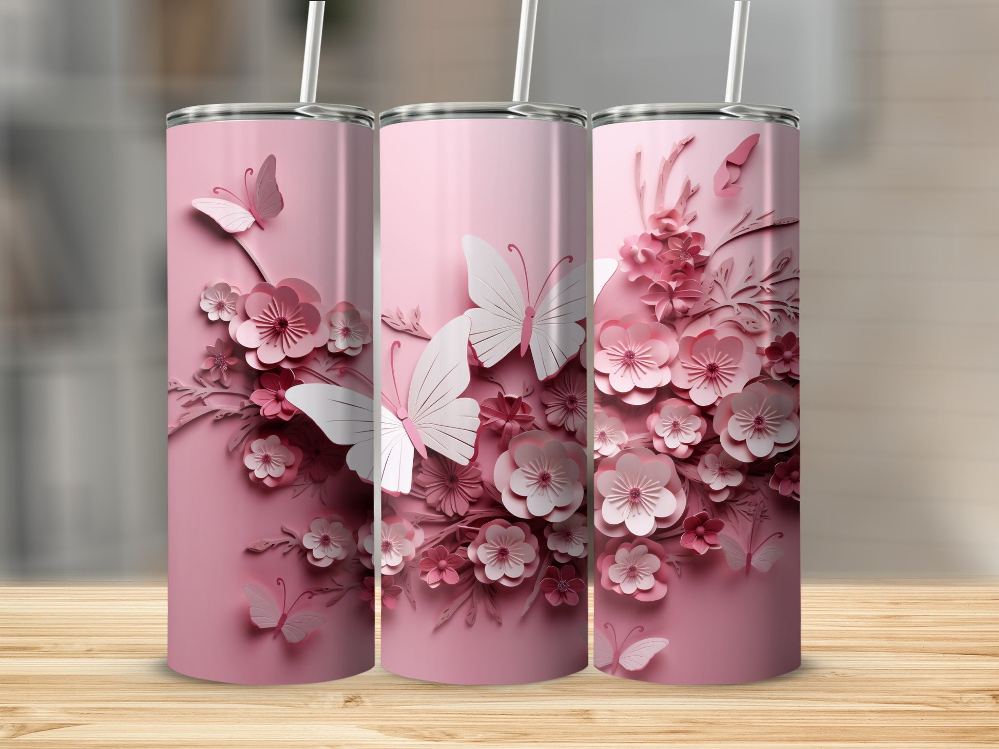 Pink Layered Butterfly Blossom Floral Design Tumbler product type