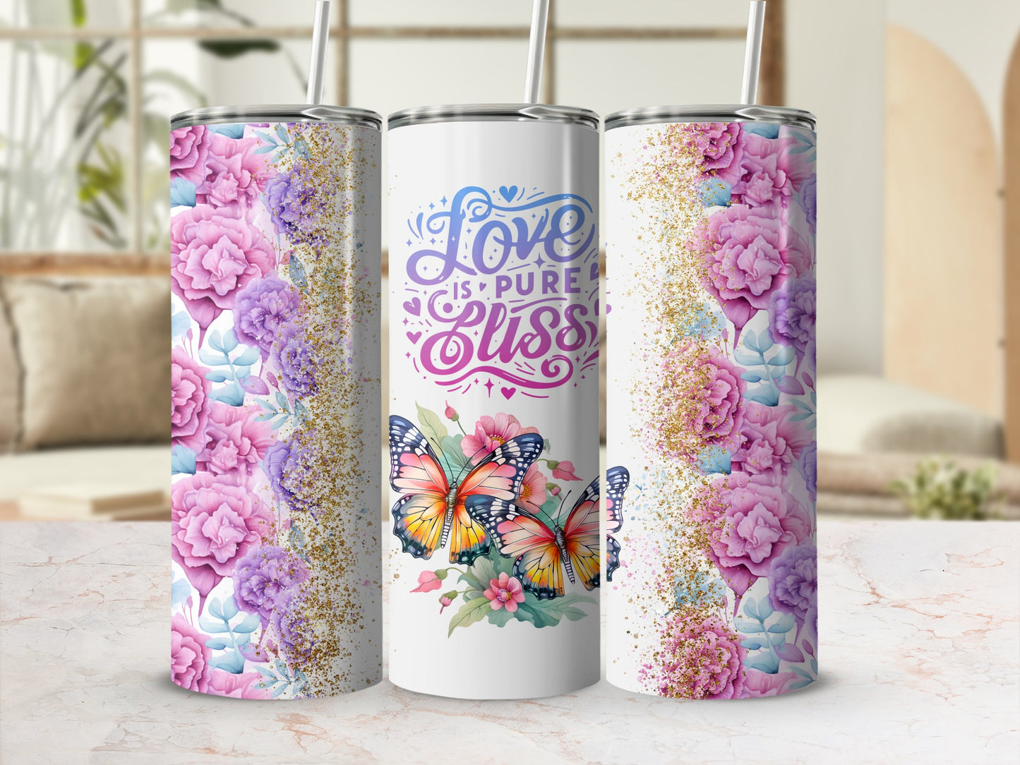 Floral and Butterfly Pattern Tumbler with Love Quote