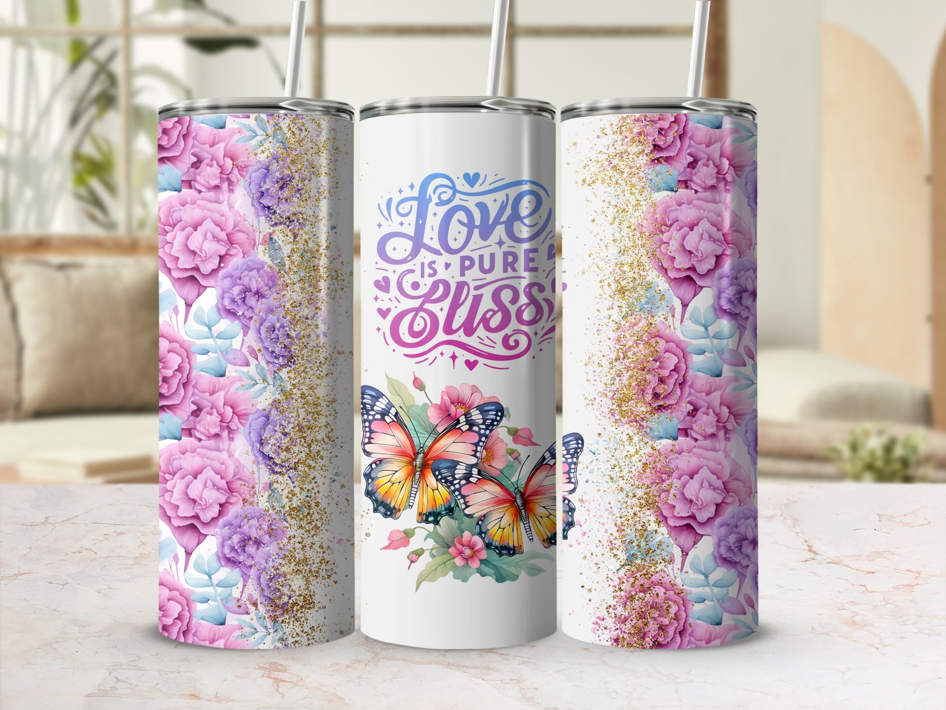 Floral and Butterfly Pattern Tumbler with Love Quote