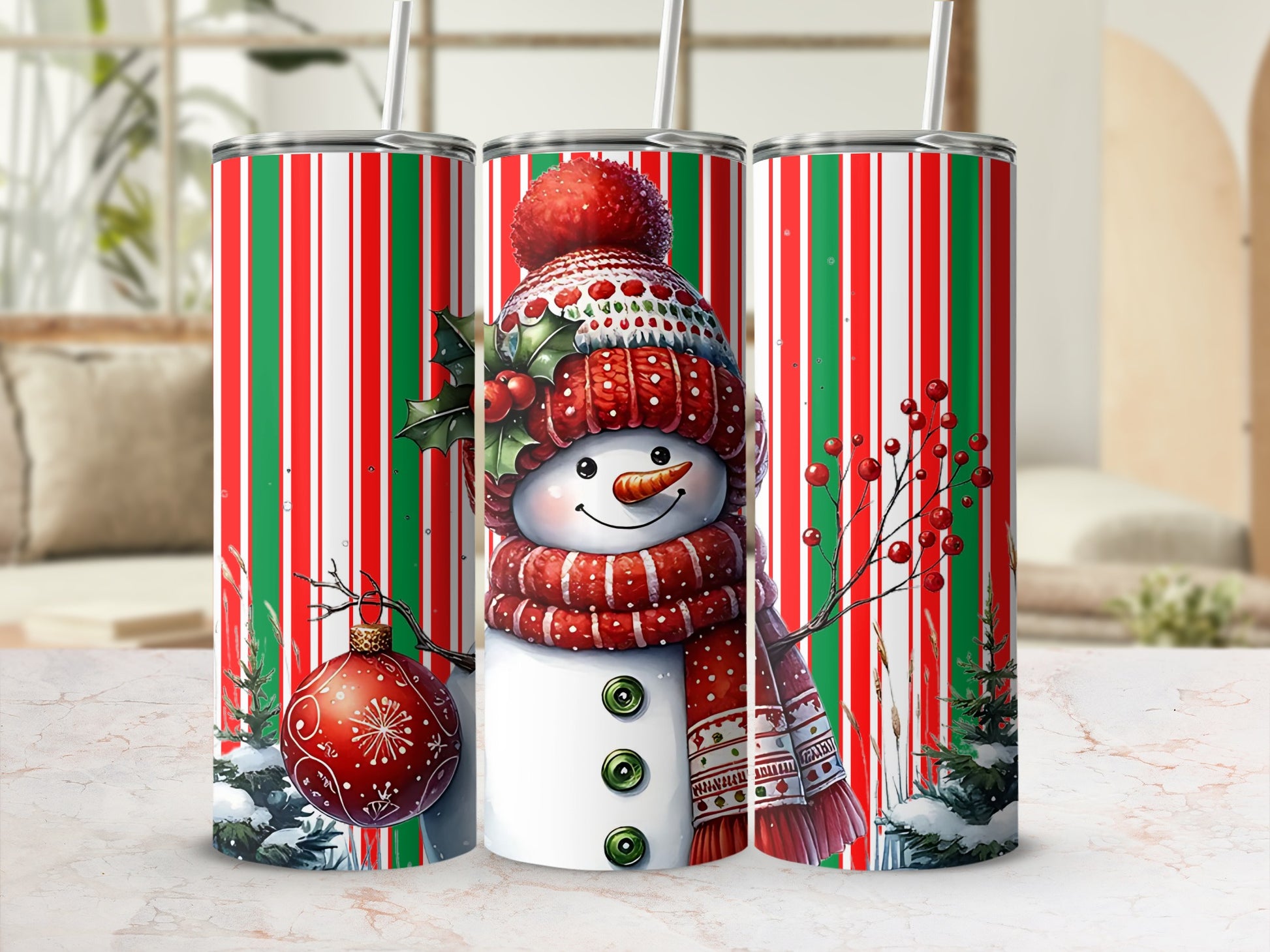 Festive Striped Snowman and Ornaments Tumbler