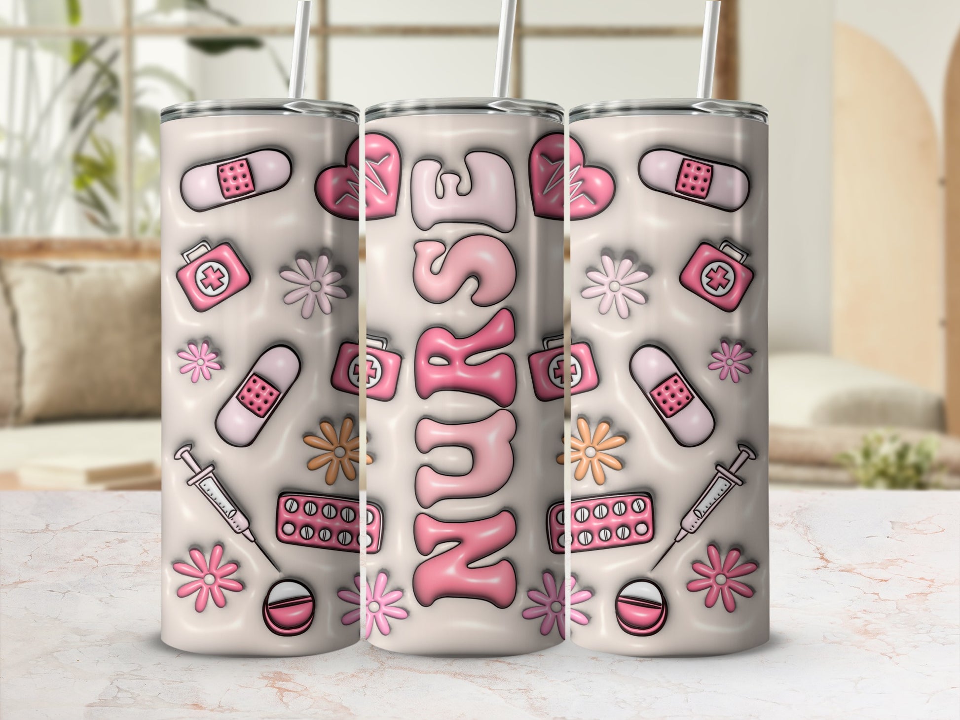 Tumbler with pink "Nurse" text and medical icons like band-aids, pills, and syringes.