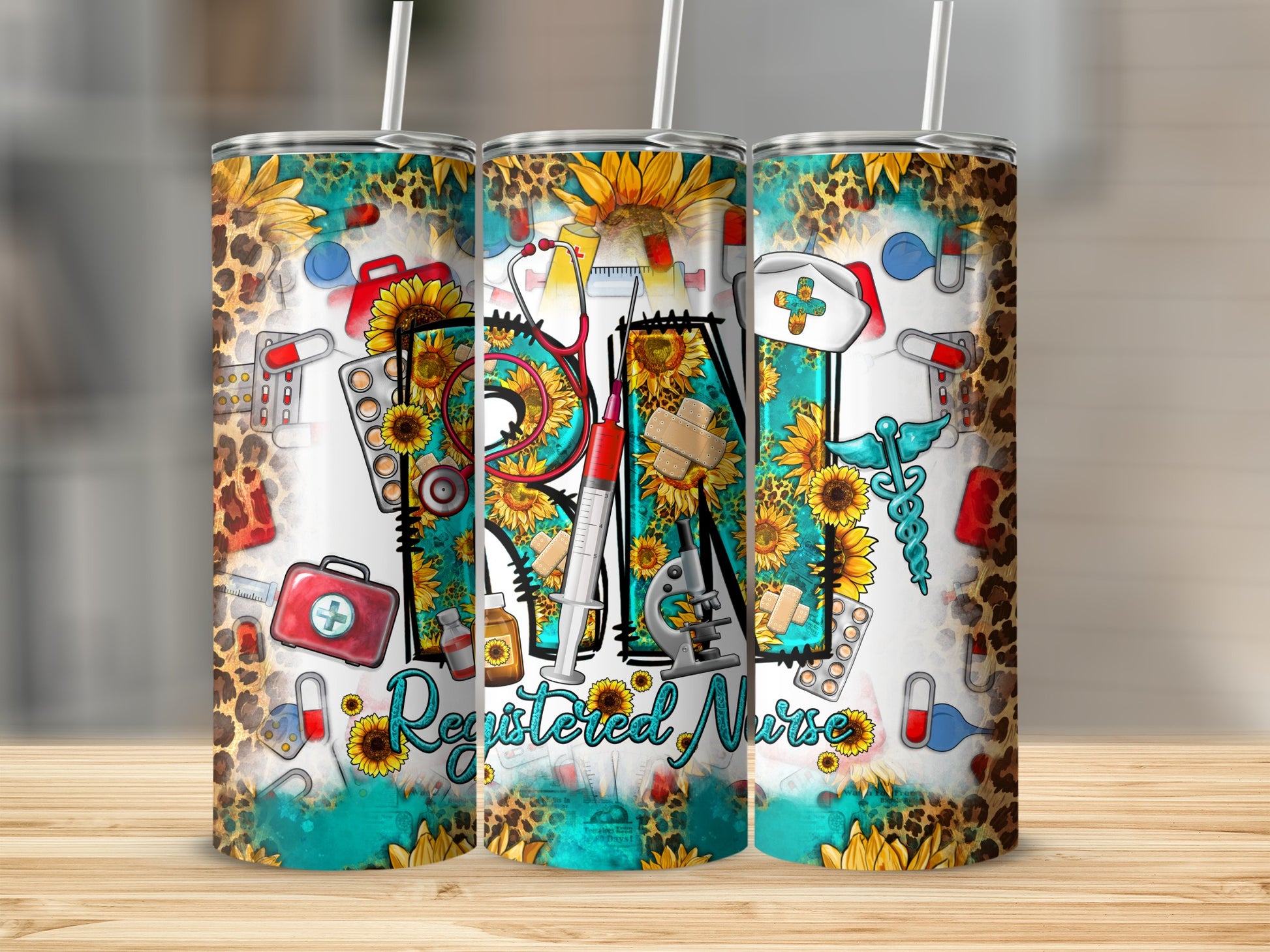 RN design with sunflowers, leopard print, and medical icons on a tumbler.