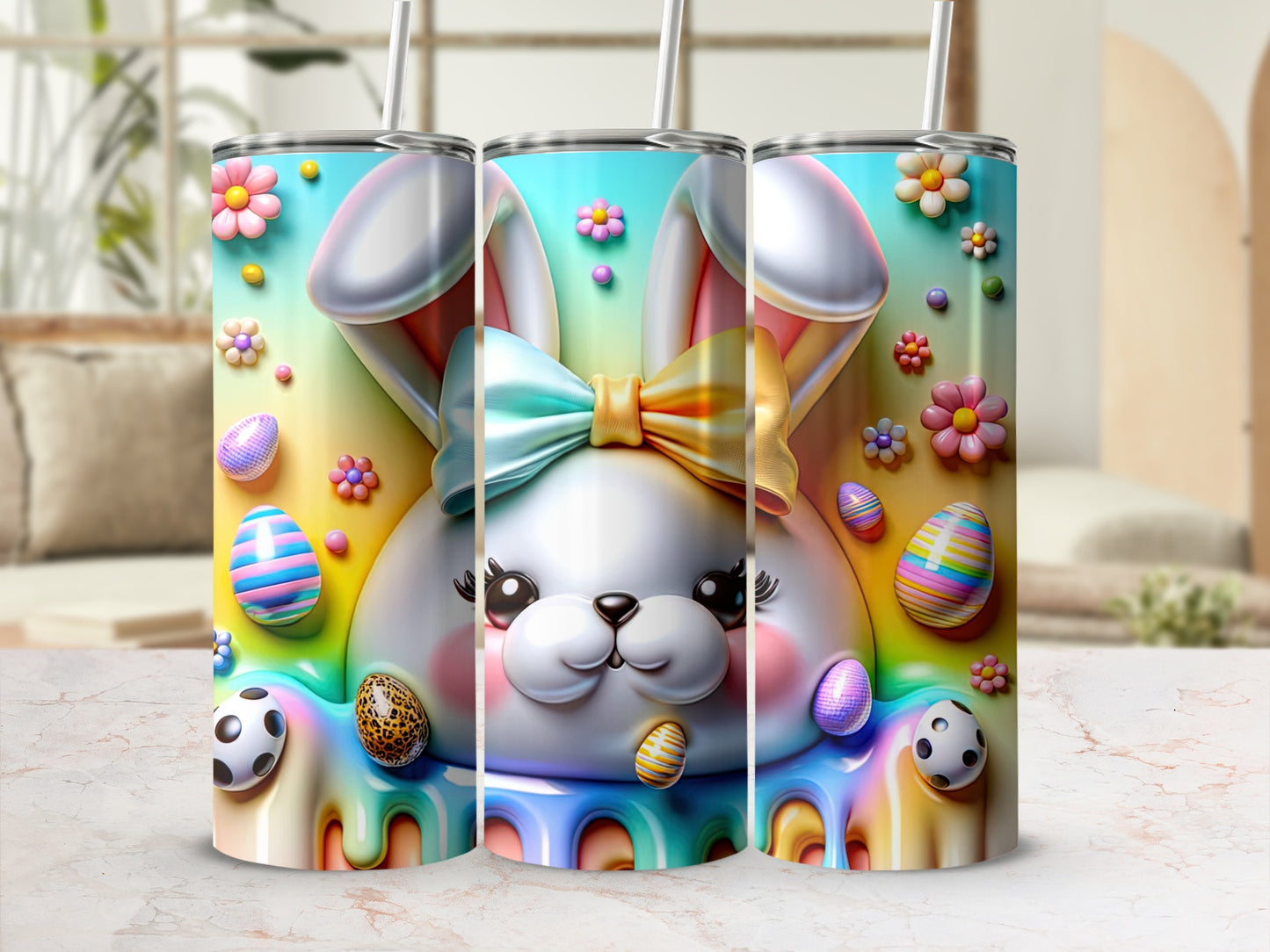Cute Easter bunny with colorful eggs and flowers on a tumbler.