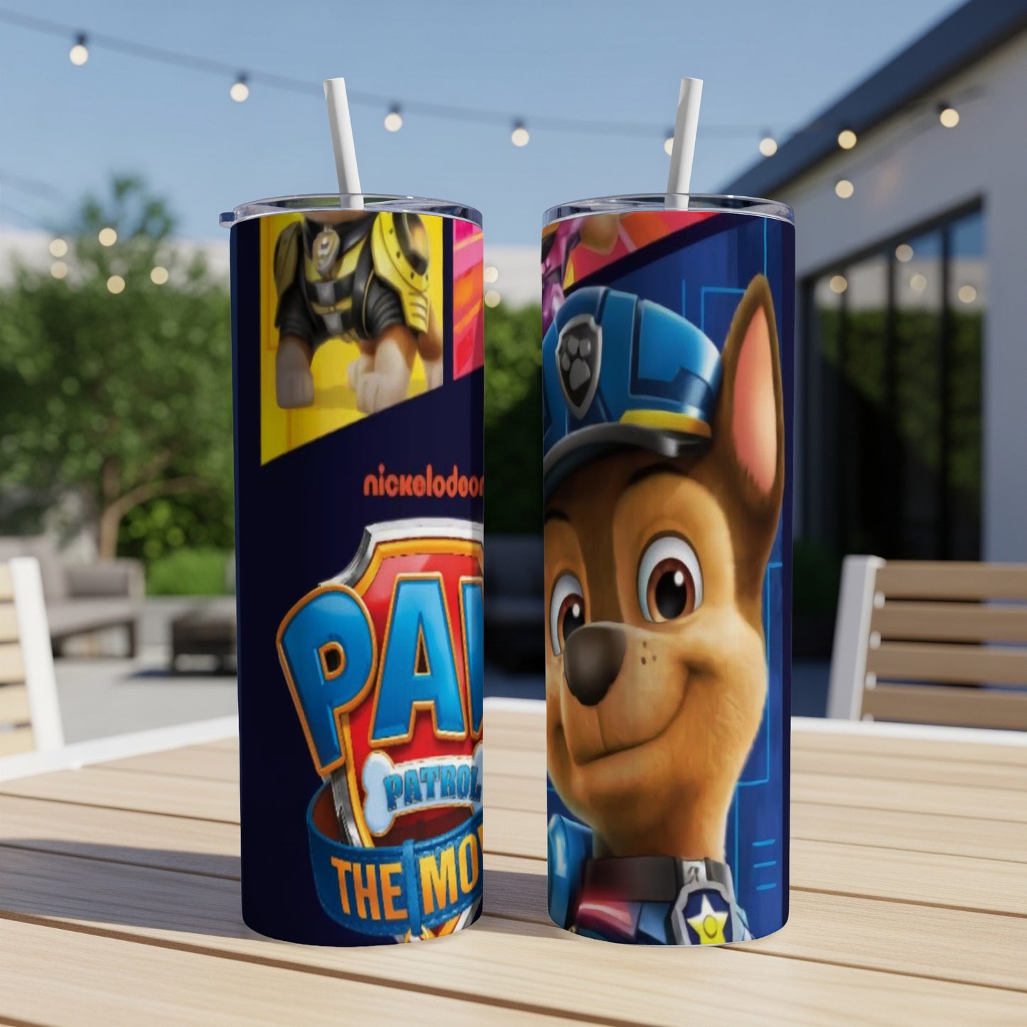 Paw Patrol tumbler featuring Chase from the movie on a yellow background.