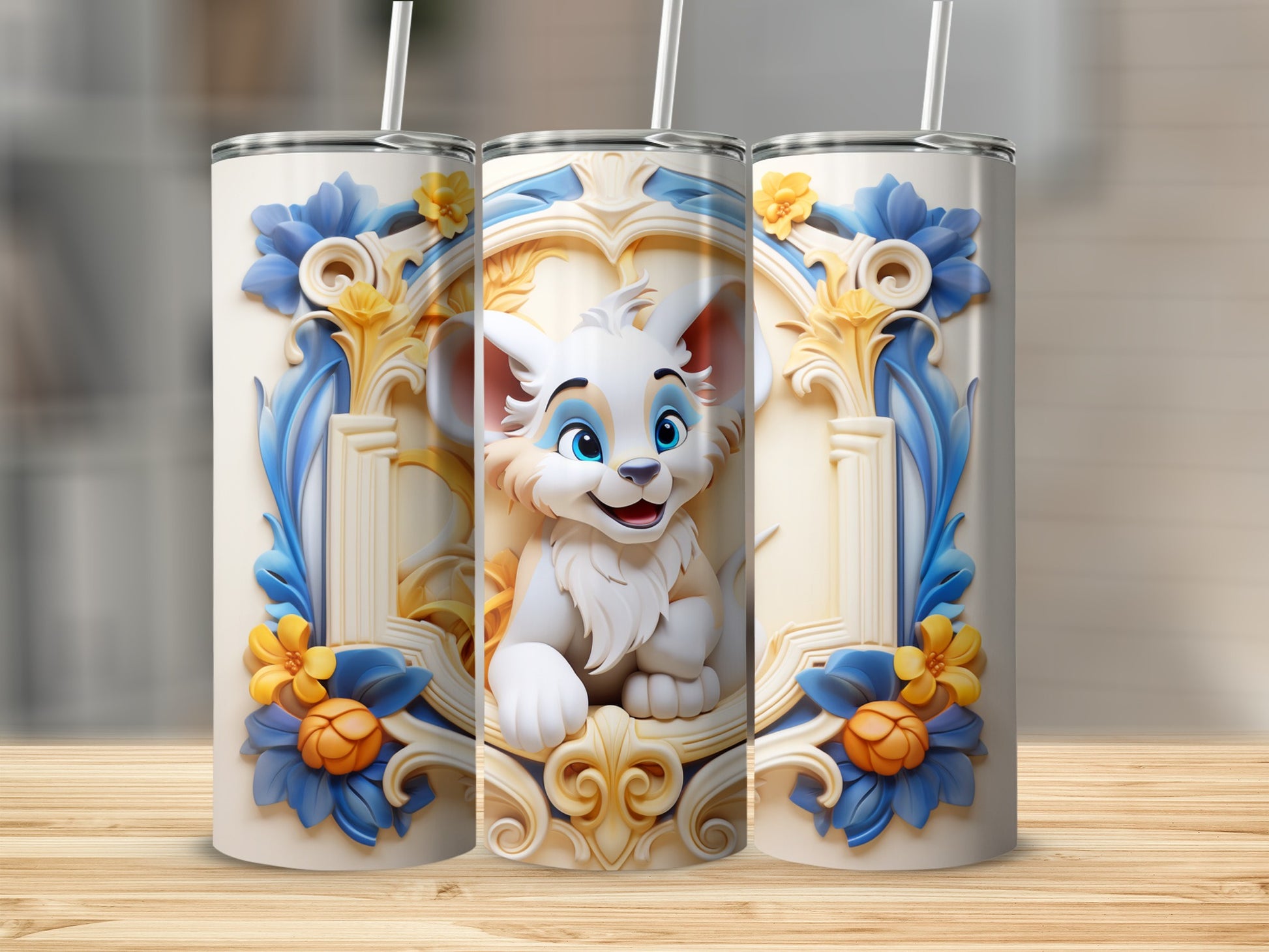 Cute Cartoon Kitten in Floral Frame Tumbler Design