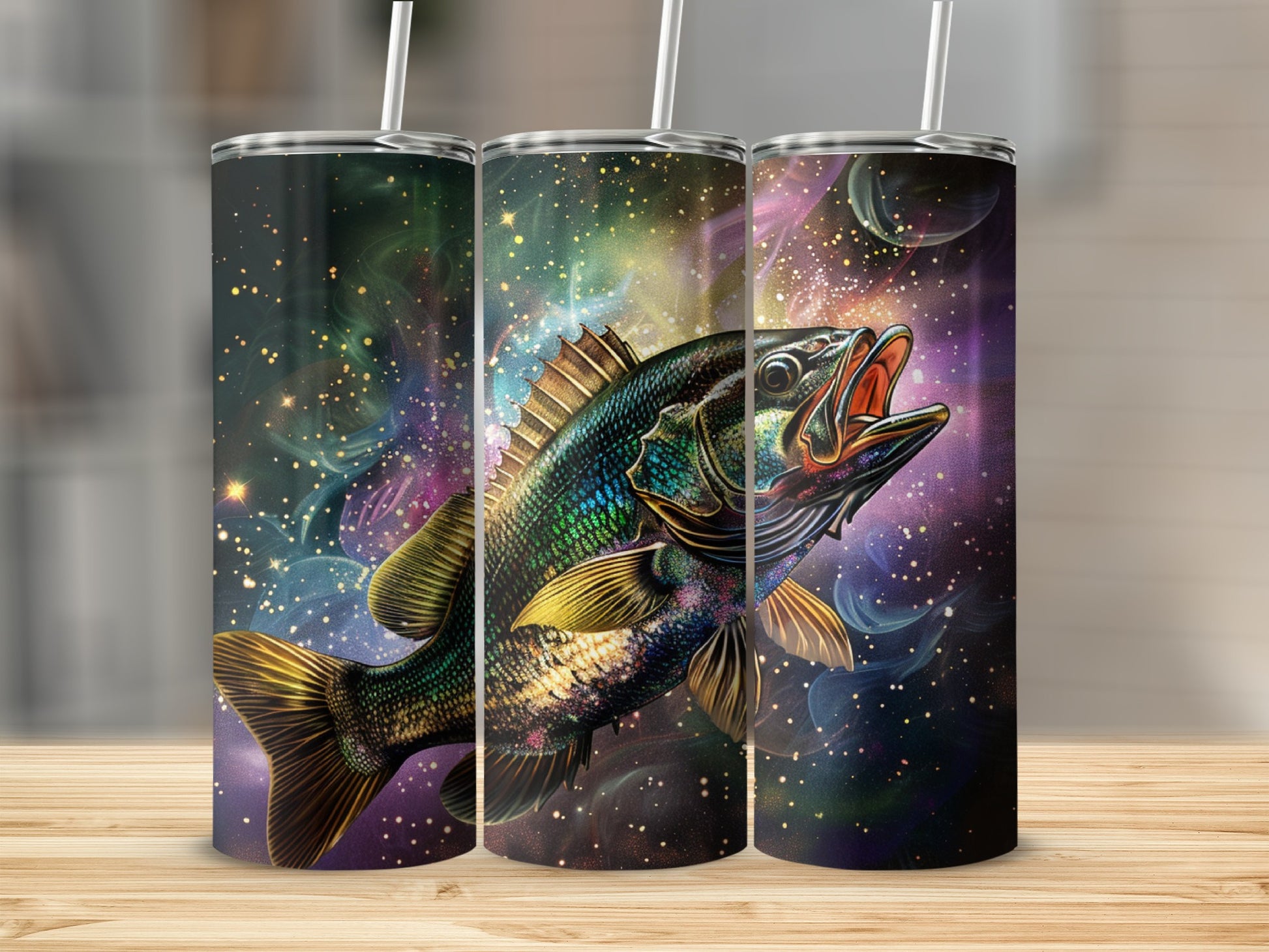 Triptych of a colorful bass fish swimming through a starry, nebulous background.