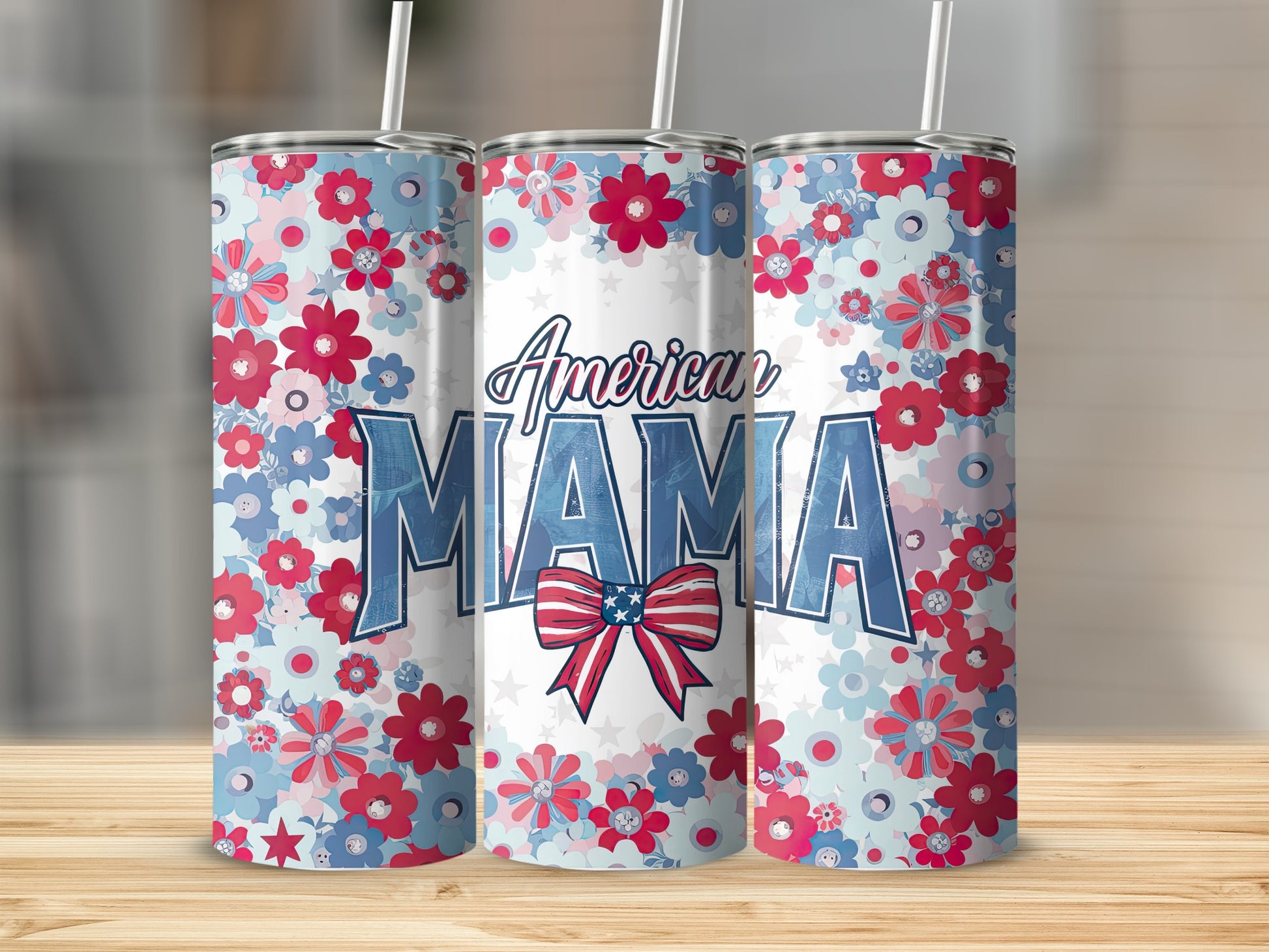 American Mama tumbler with red, white, and blue floral design.