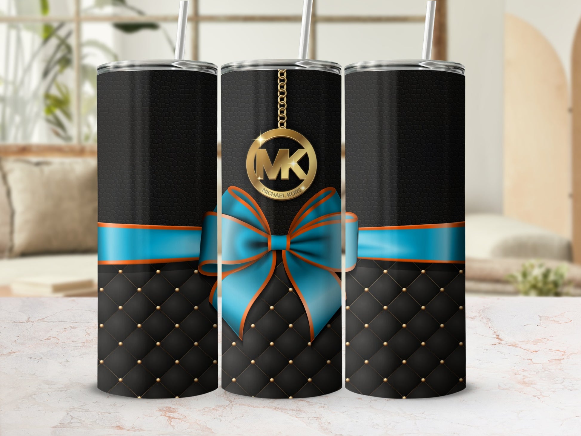 Luxurious Black Tumbler with Blue Bow Accent for Drinks