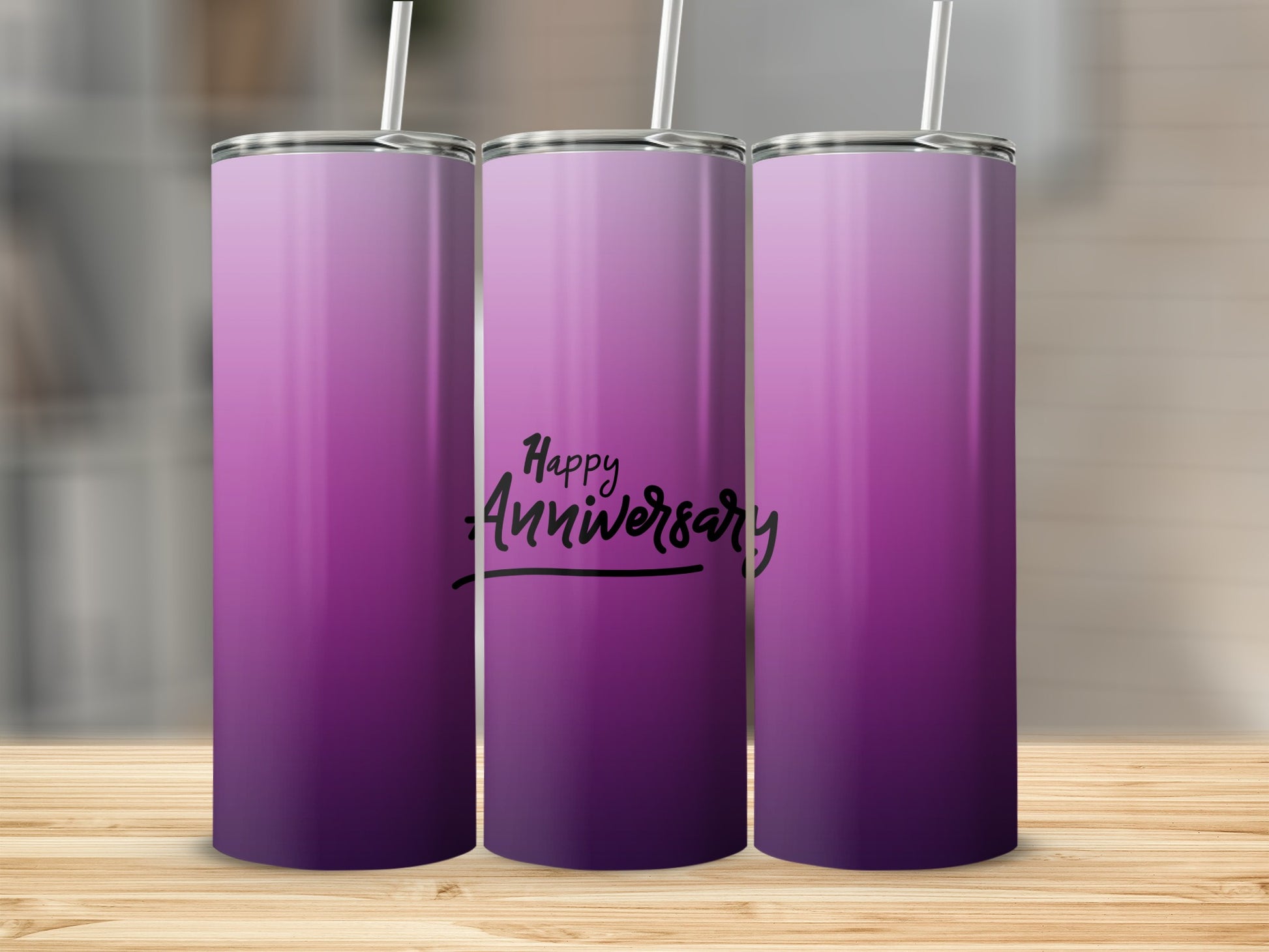 Purple ombre tumbler with "Happy Anniversary" text.
