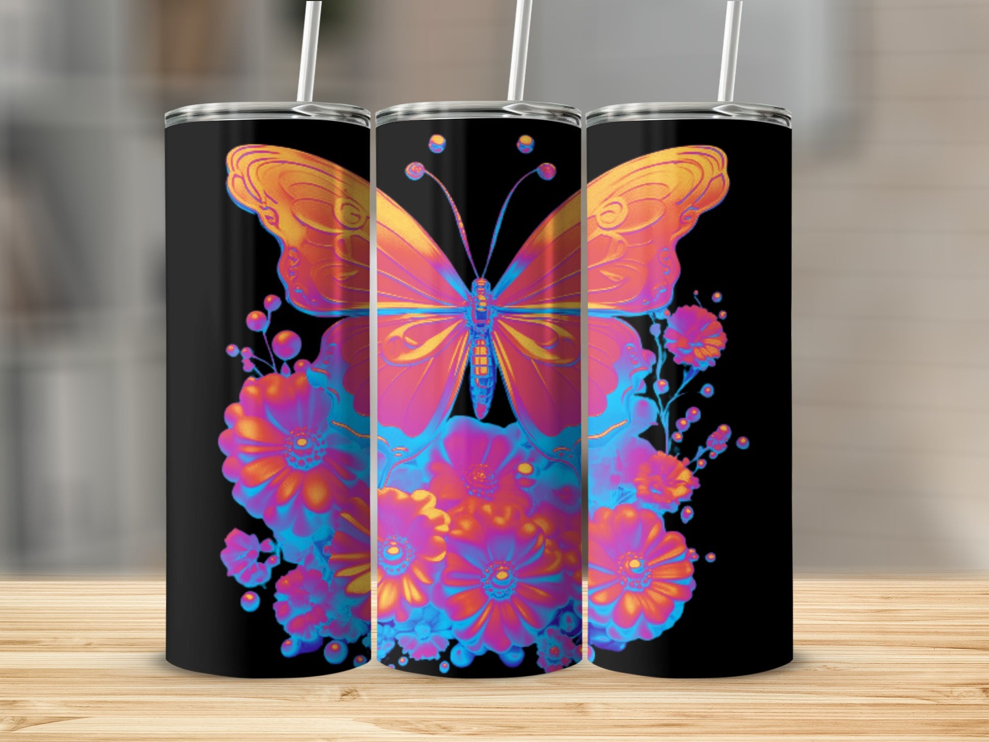 Black tumbler with colorful butterfly and floral design.