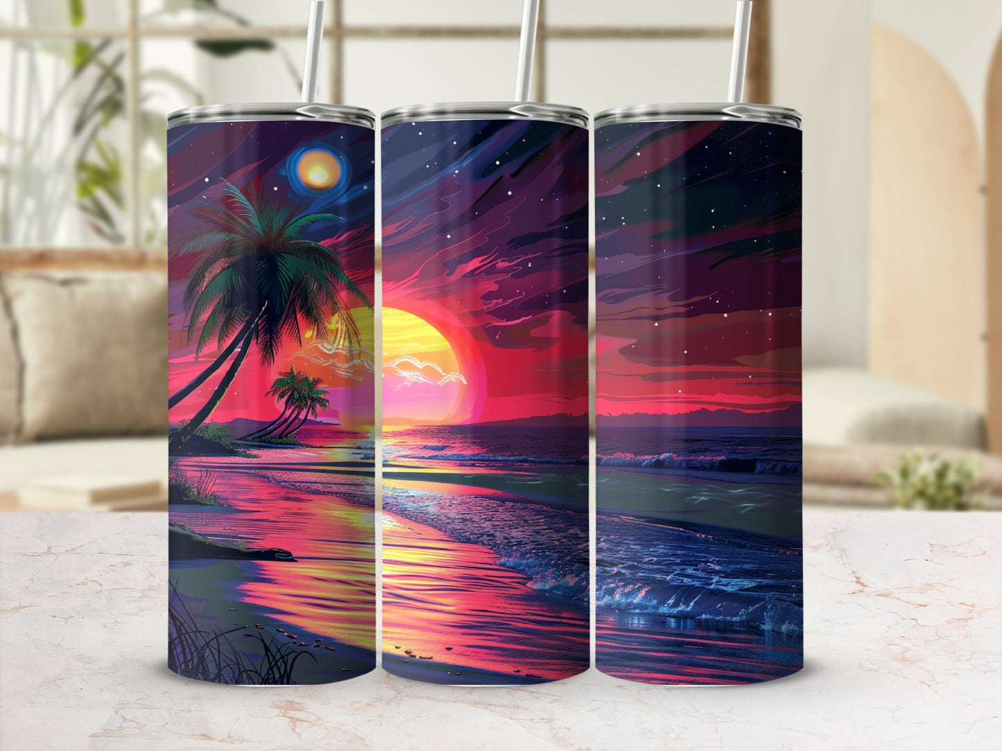 Three tumblers with a sunset beach scene, palm trees, and ocean waves.