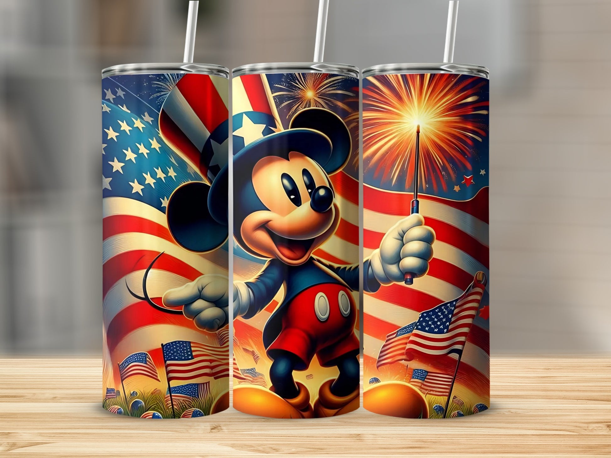 Patriotic Cartoon Character Tumbler with Fireworks Design