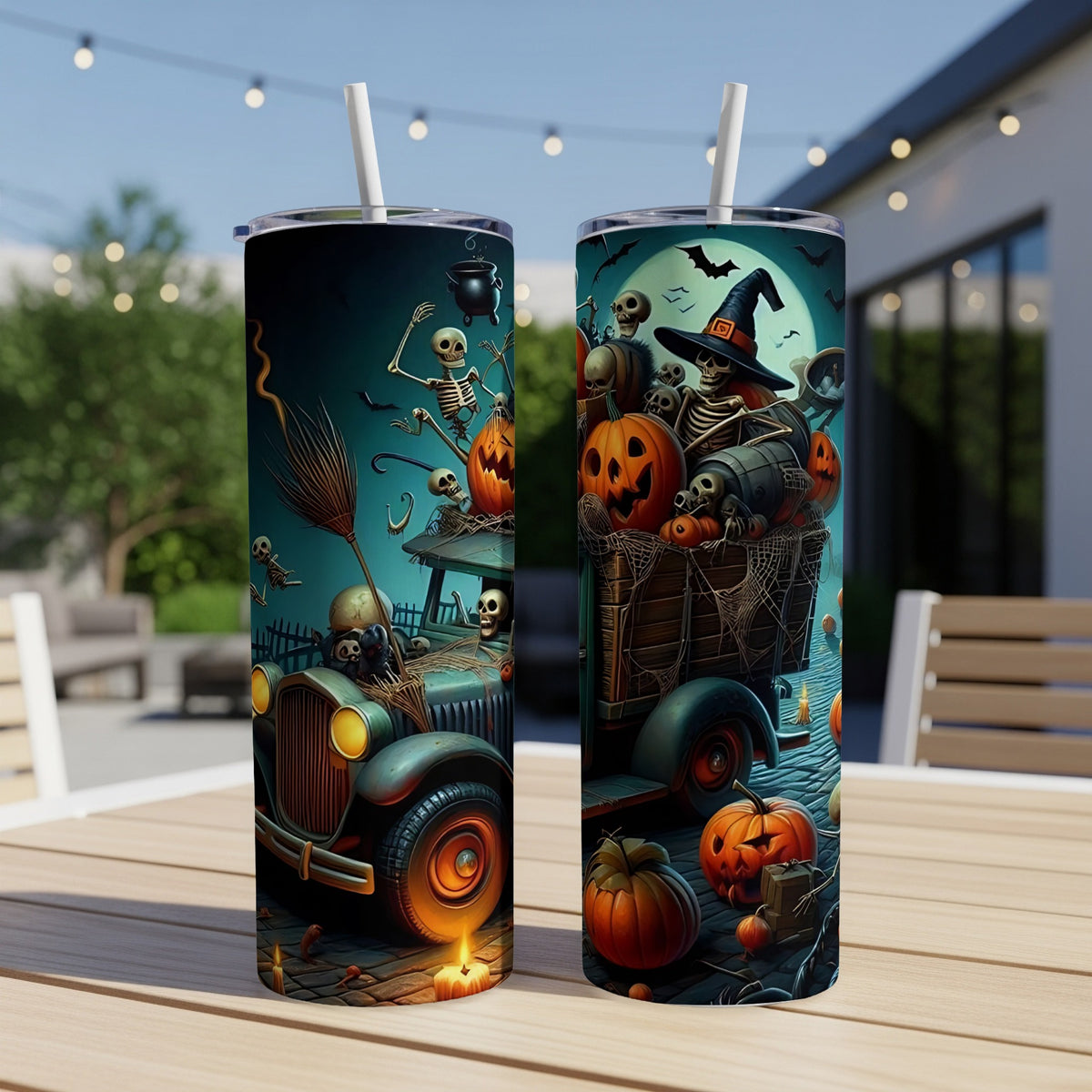 Halloween tumblers with skeletons, pumpkins, and a vintage car on a dark background.