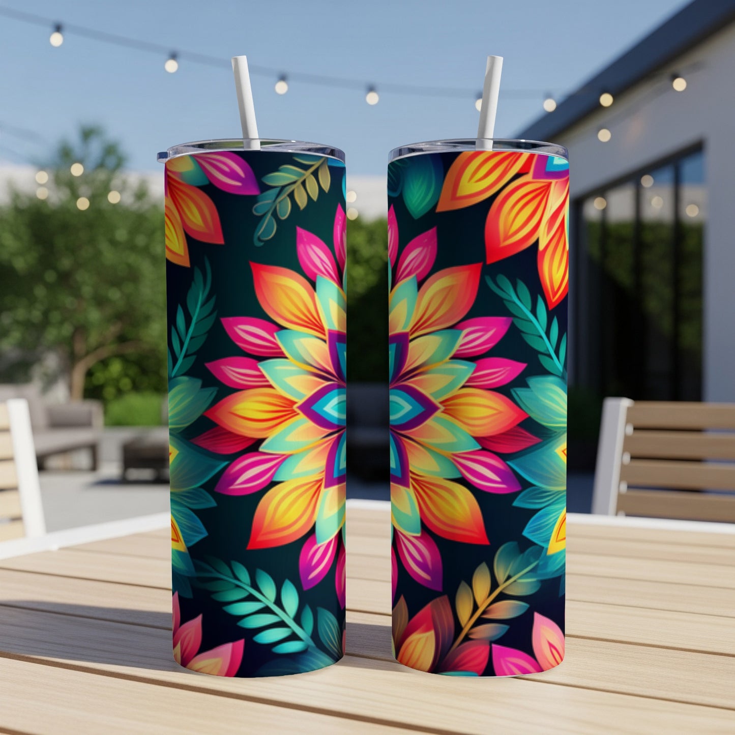 Two tumblers with a colorful floral mandala design on a wooden table.
