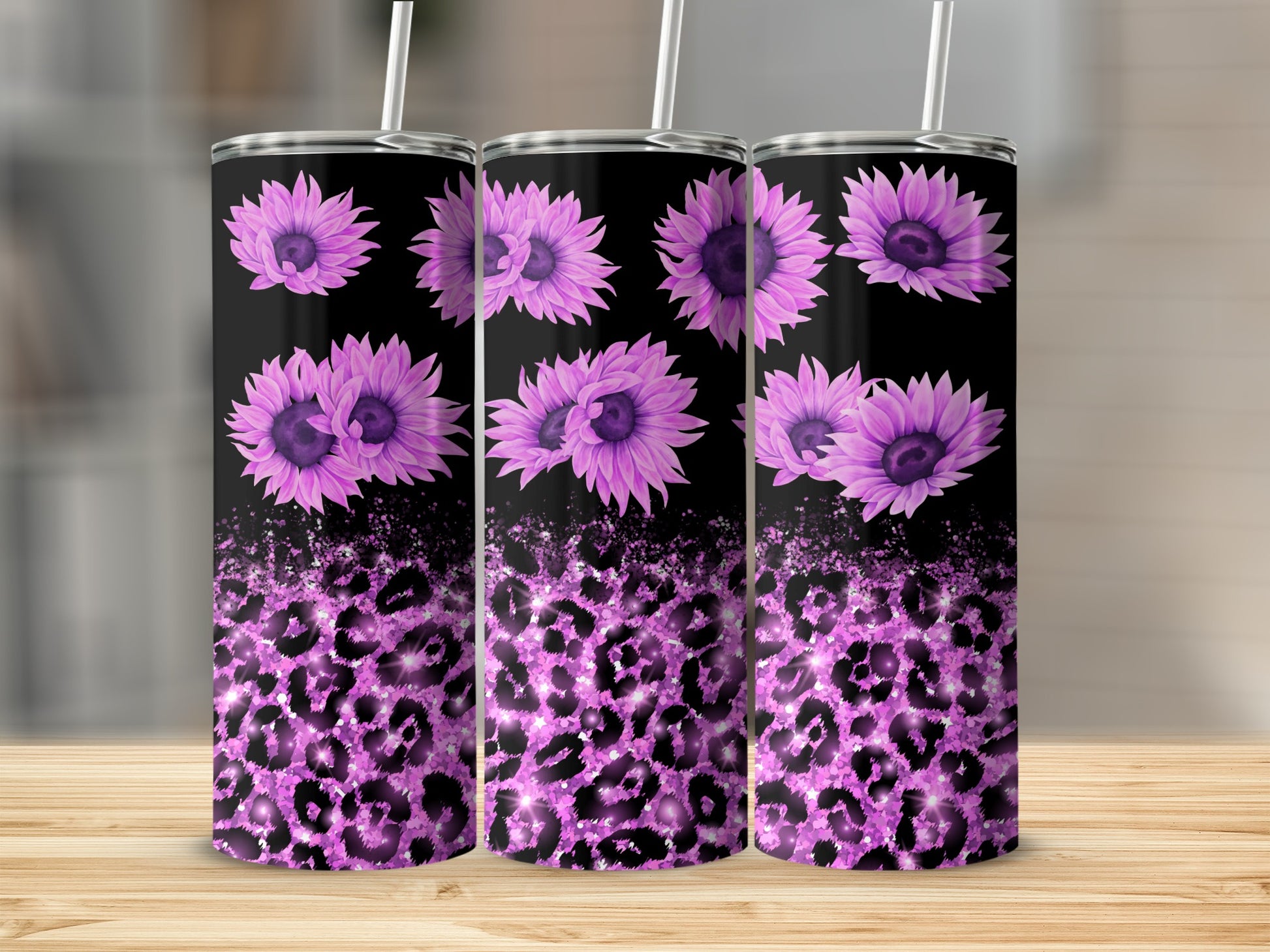 Black tumbler with purple sunflowers and pink leopard print.