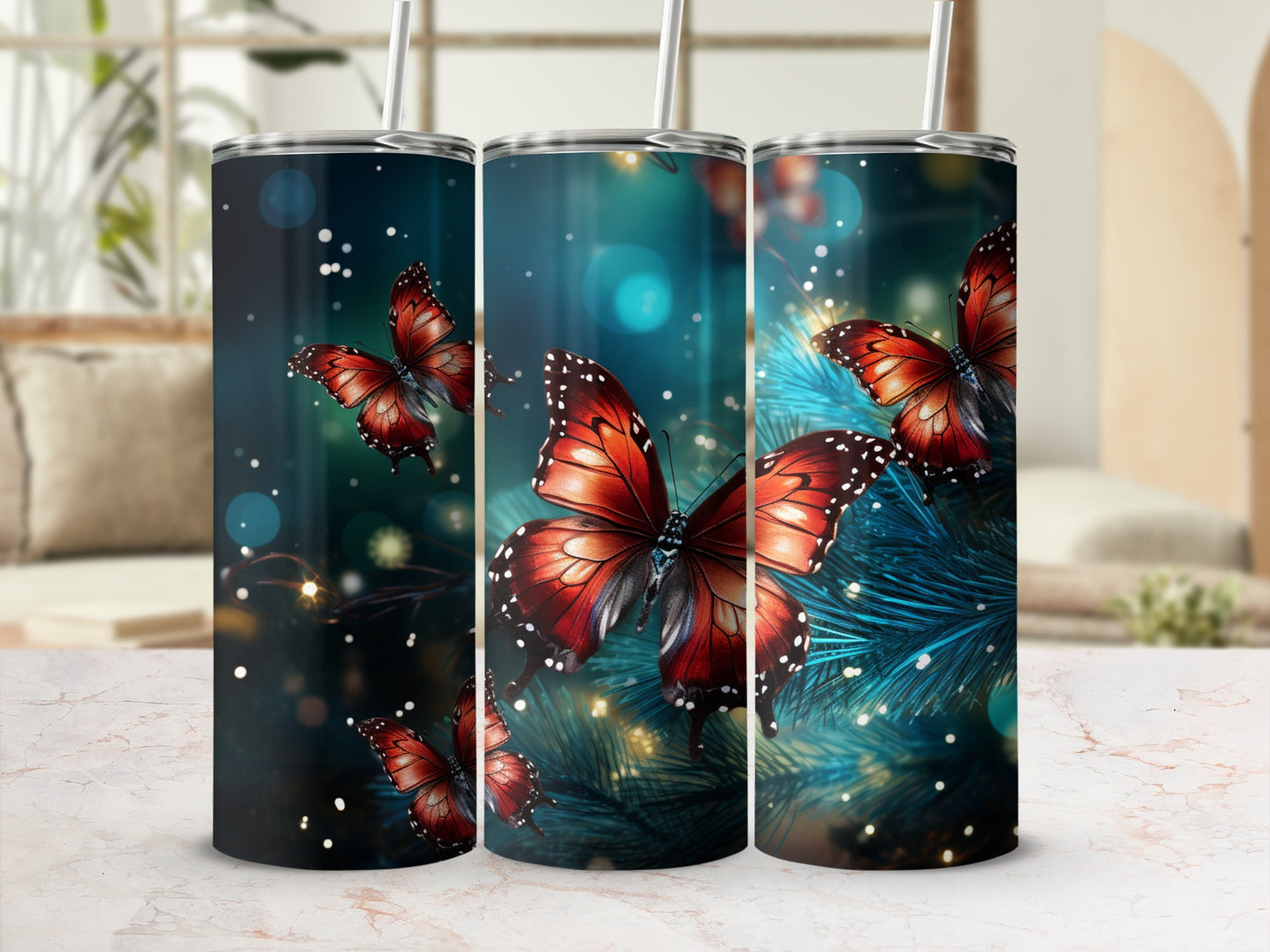 Three tumblers featuring a close-up of a red butterfly on a pine branch.