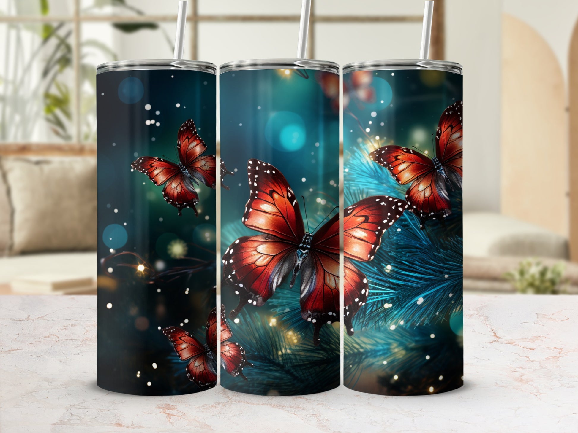 Three tumblers featuring a close-up of a red butterfly on a pine branch.