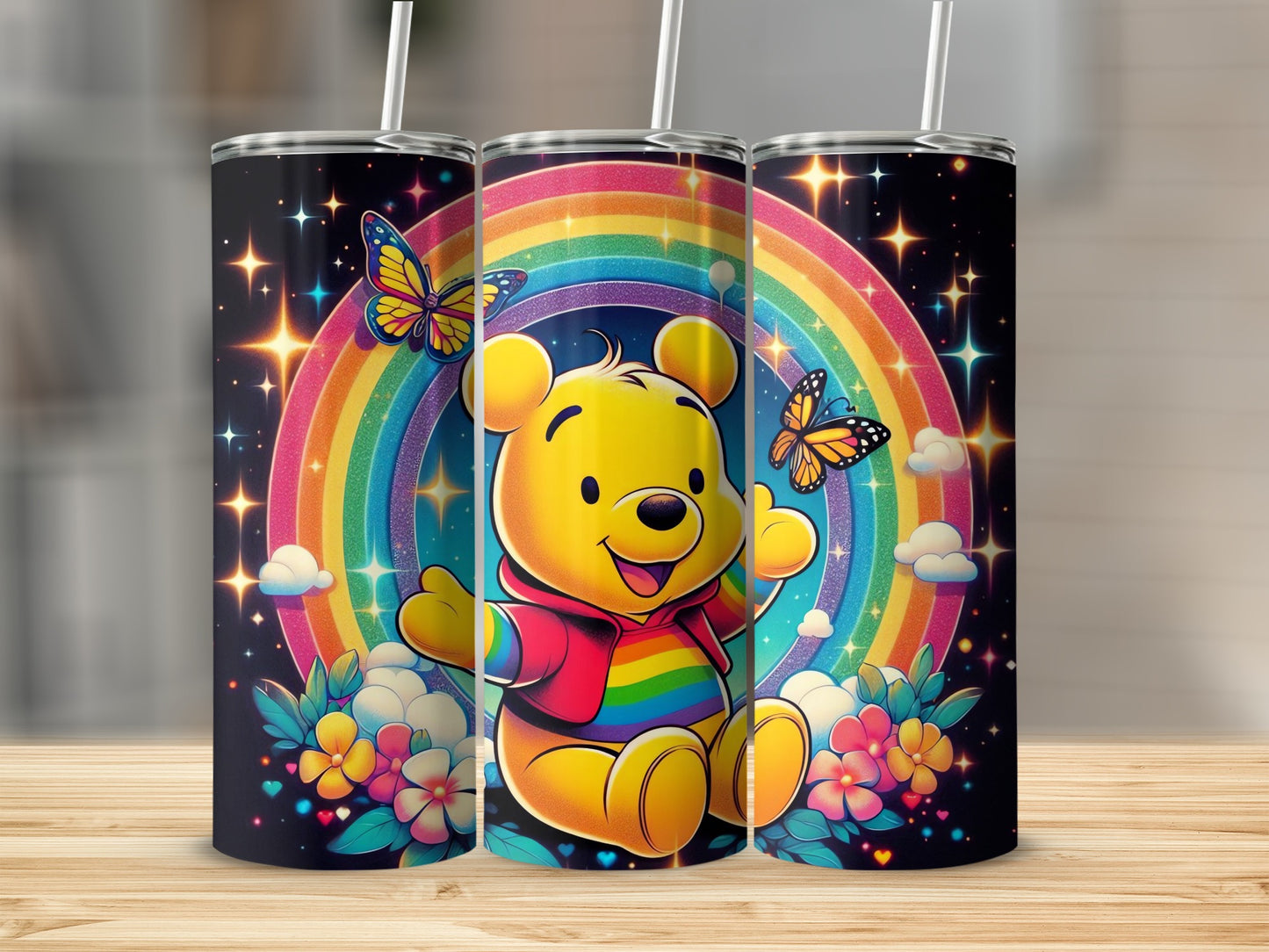 Cute Bear Rainbow and Butterflies Tumbler