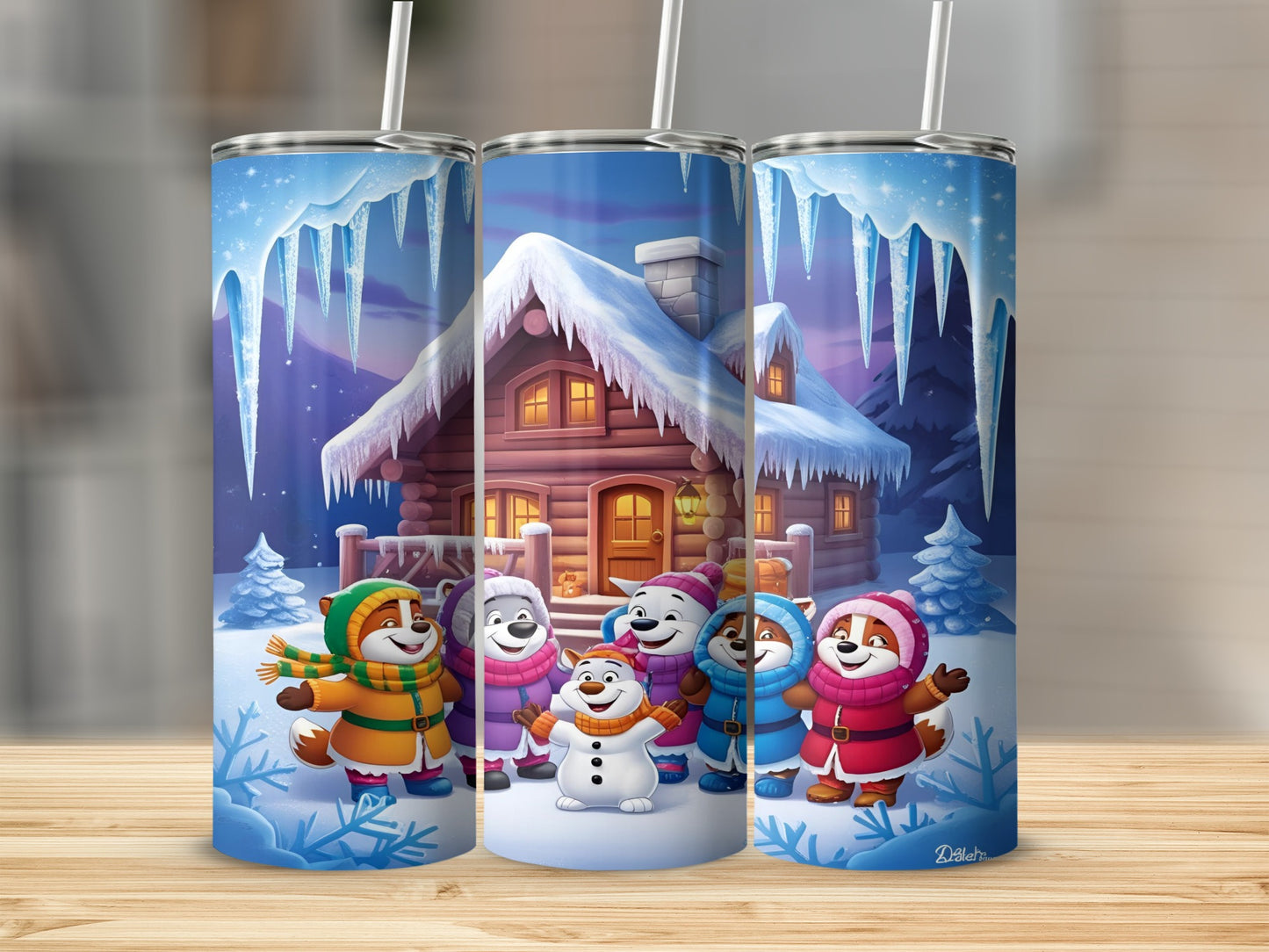 Three tall tumblers with cartoon animals in winter scene with log cabin.