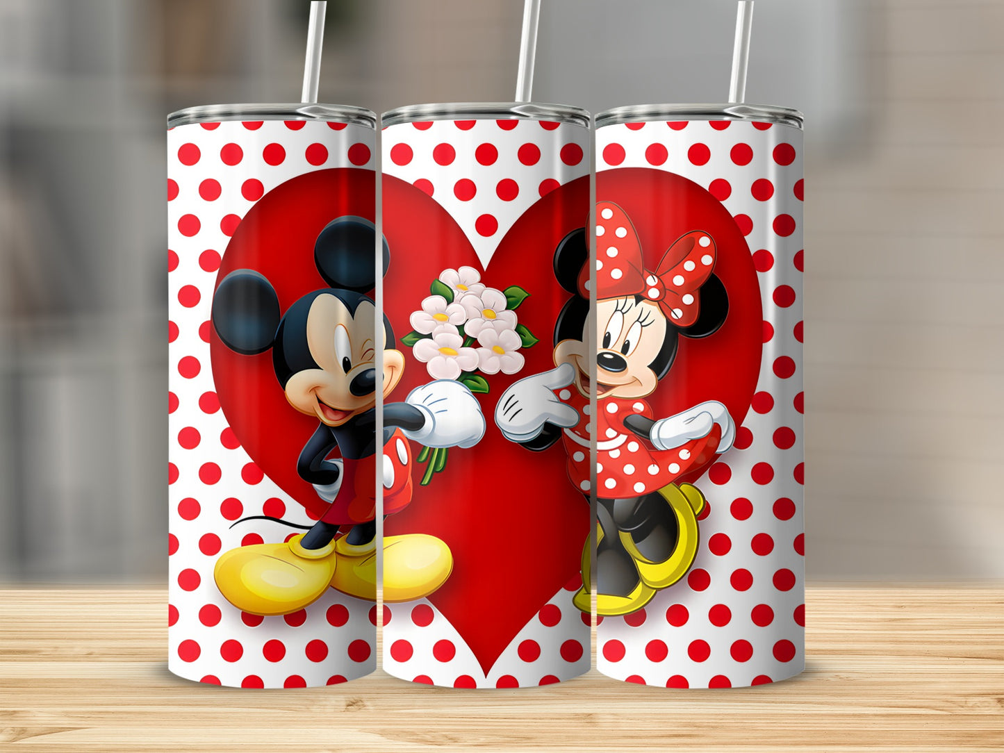 Mickey and Minnie Mouse with red heart and white polka dots on tumblers.