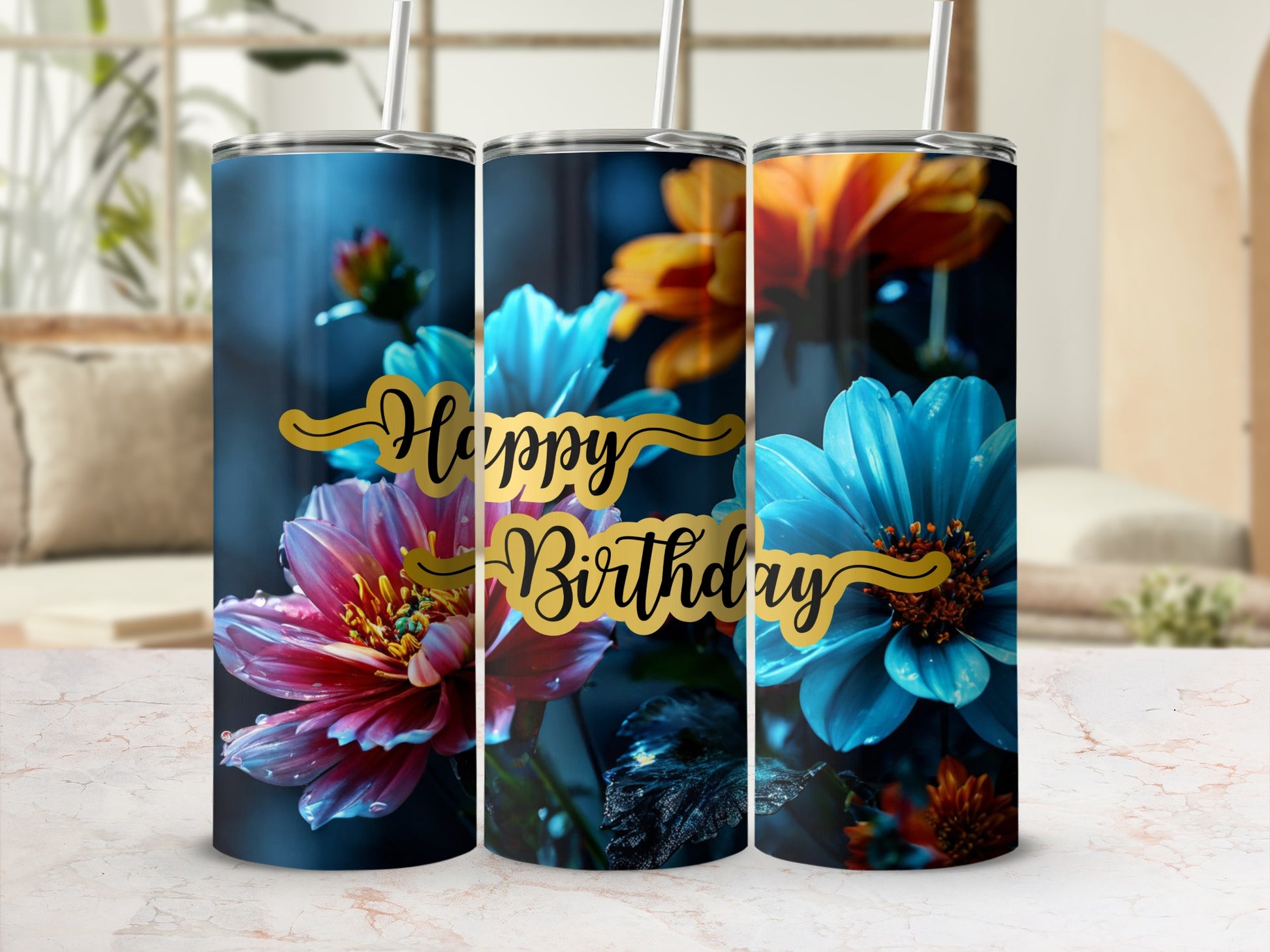 Three tumblers with colorful flowers and "Happy Birthday" text.