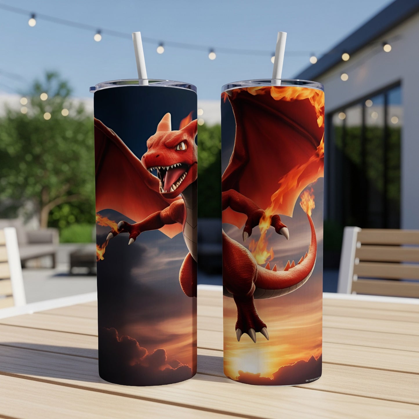 Red dragon with orange wings breathing fire, against a cloudy sunset.