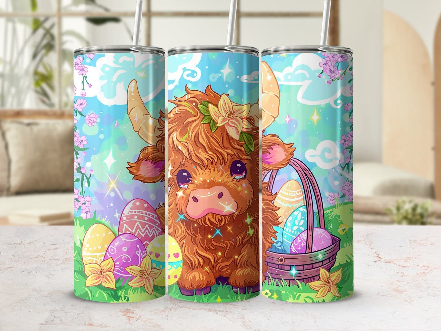 Adorable Easter Cow and Eggs Themed Tumbler with Straw