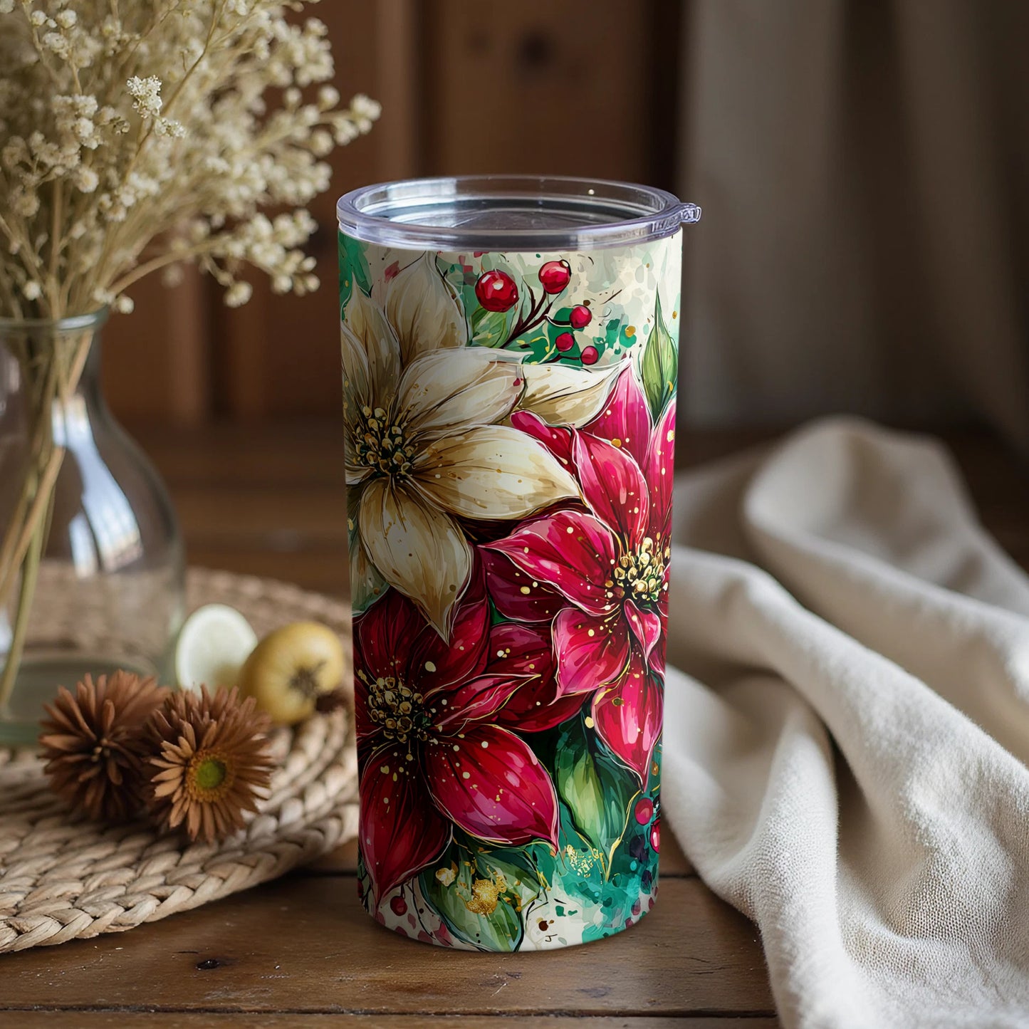 Holiday Poinsettia Floral Christmas Tumbler