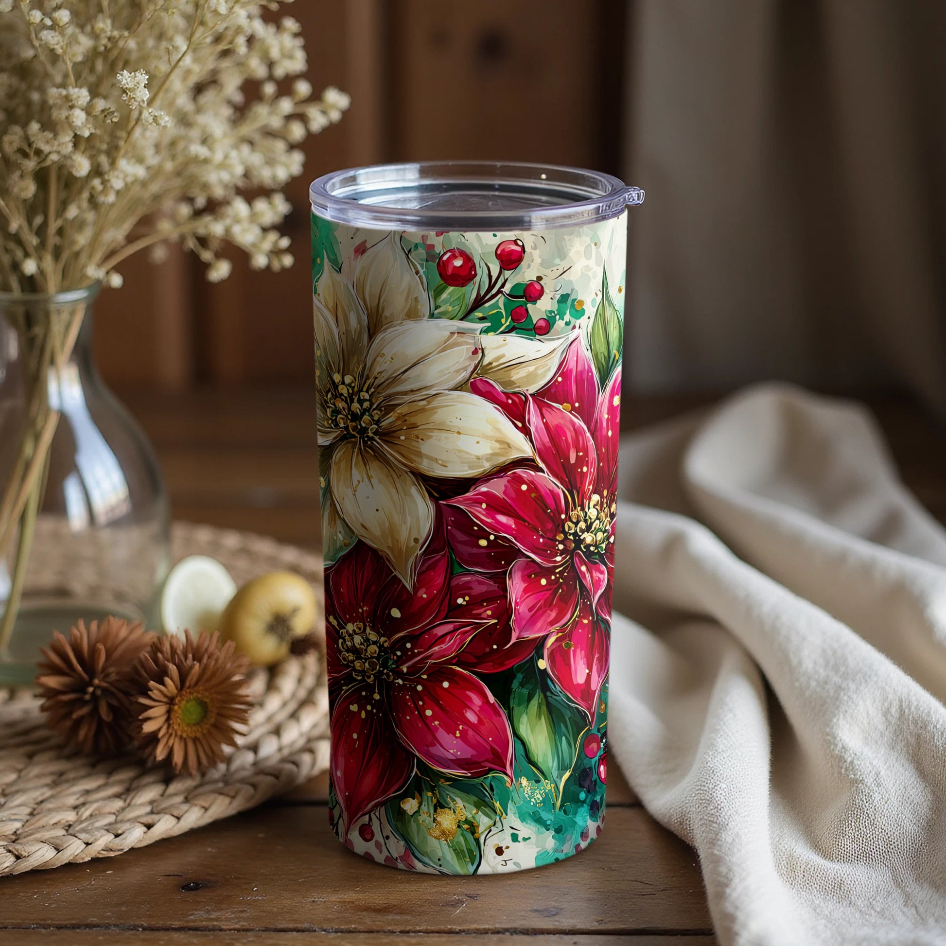 Holiday Poinsettia Floral Christmas Tumbler