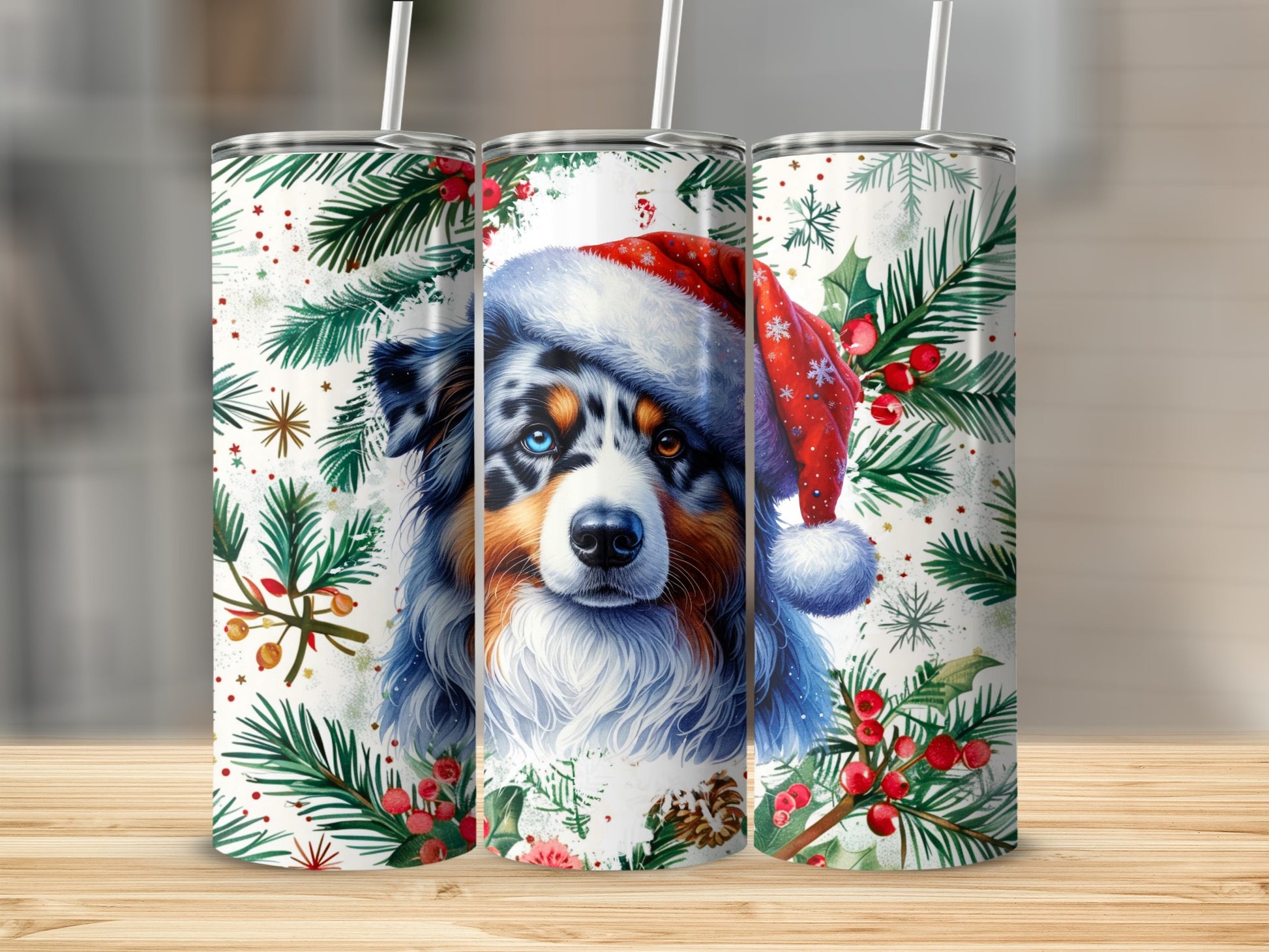 Dog wearing Santa hat with pine branches and berries on tumblers.
