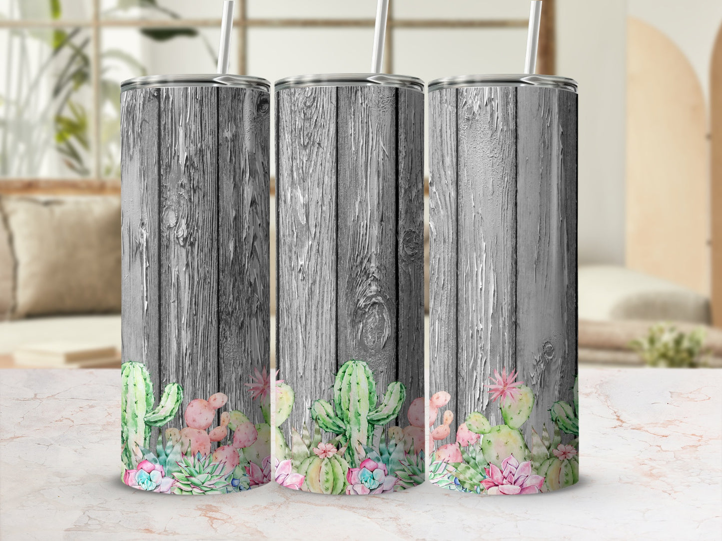 Tumbler with weathered wood background and watercolor succulents.