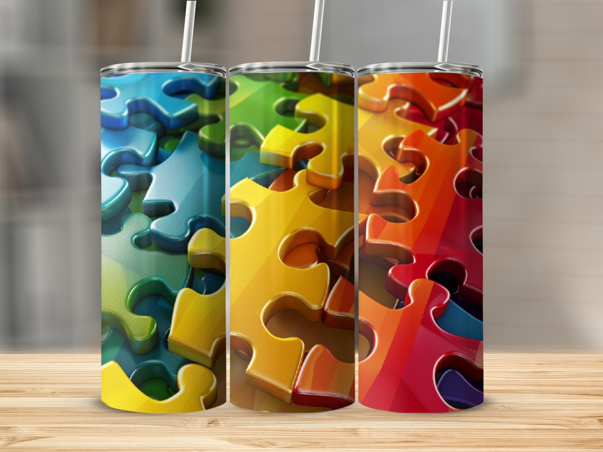 Three colorful puzzle piece tumblers with straws on a wooden surface.