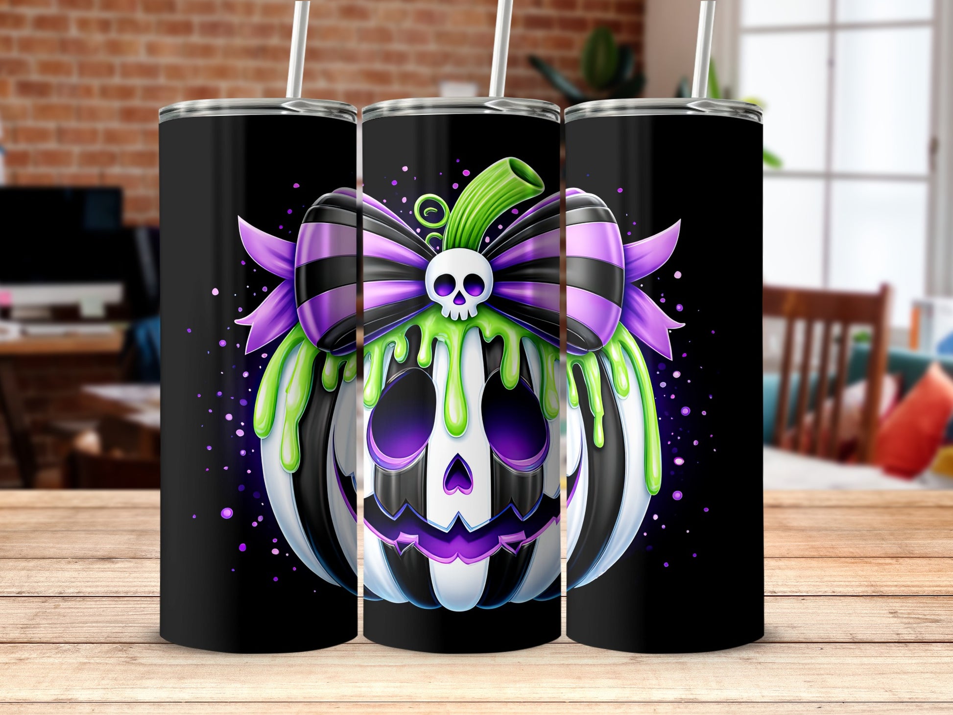 Spooky Pumpkin Halloween Tumbler with Skull and Bows