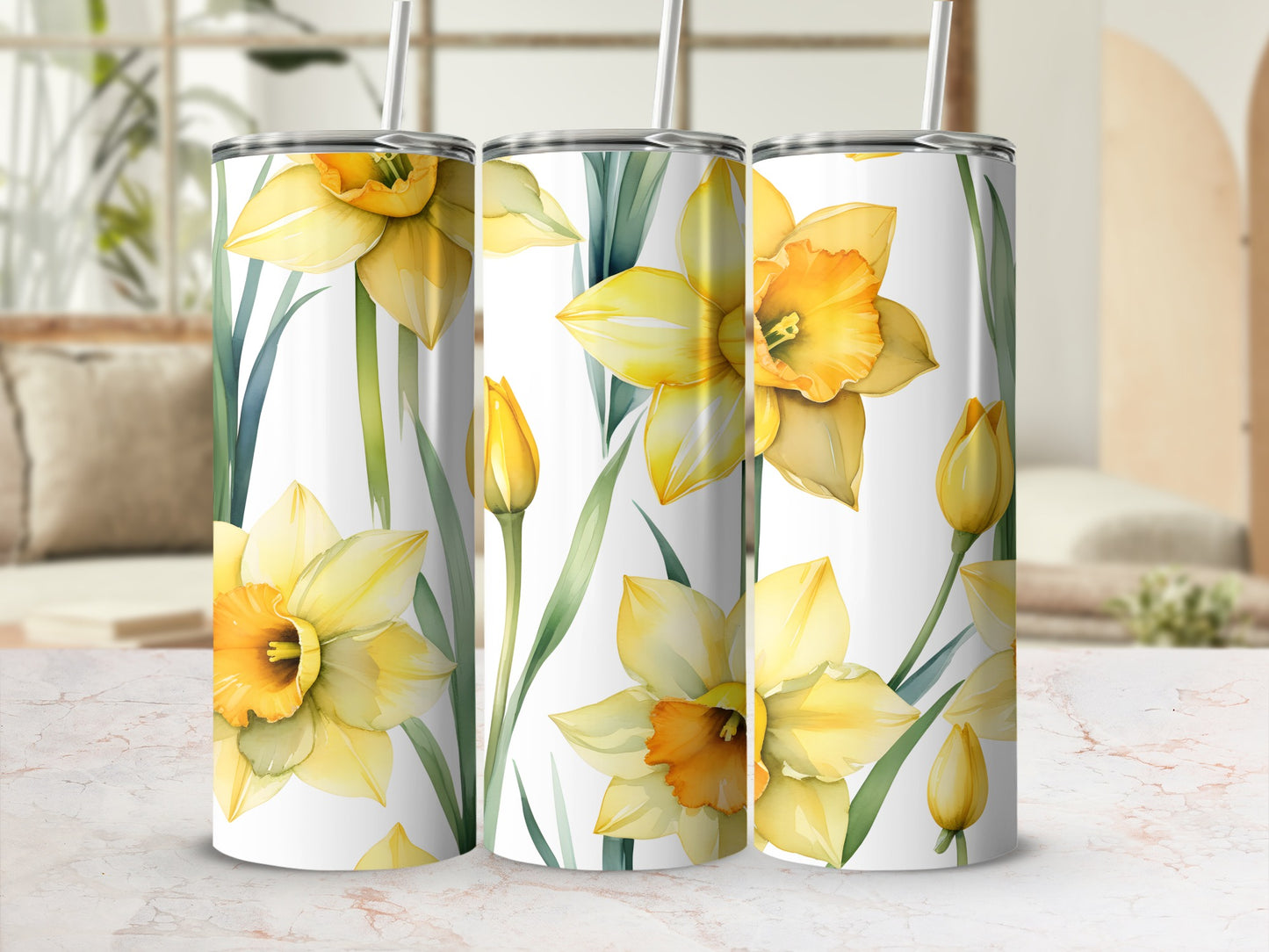 Yellow daffodils on white, floral pattern for a tumbler.