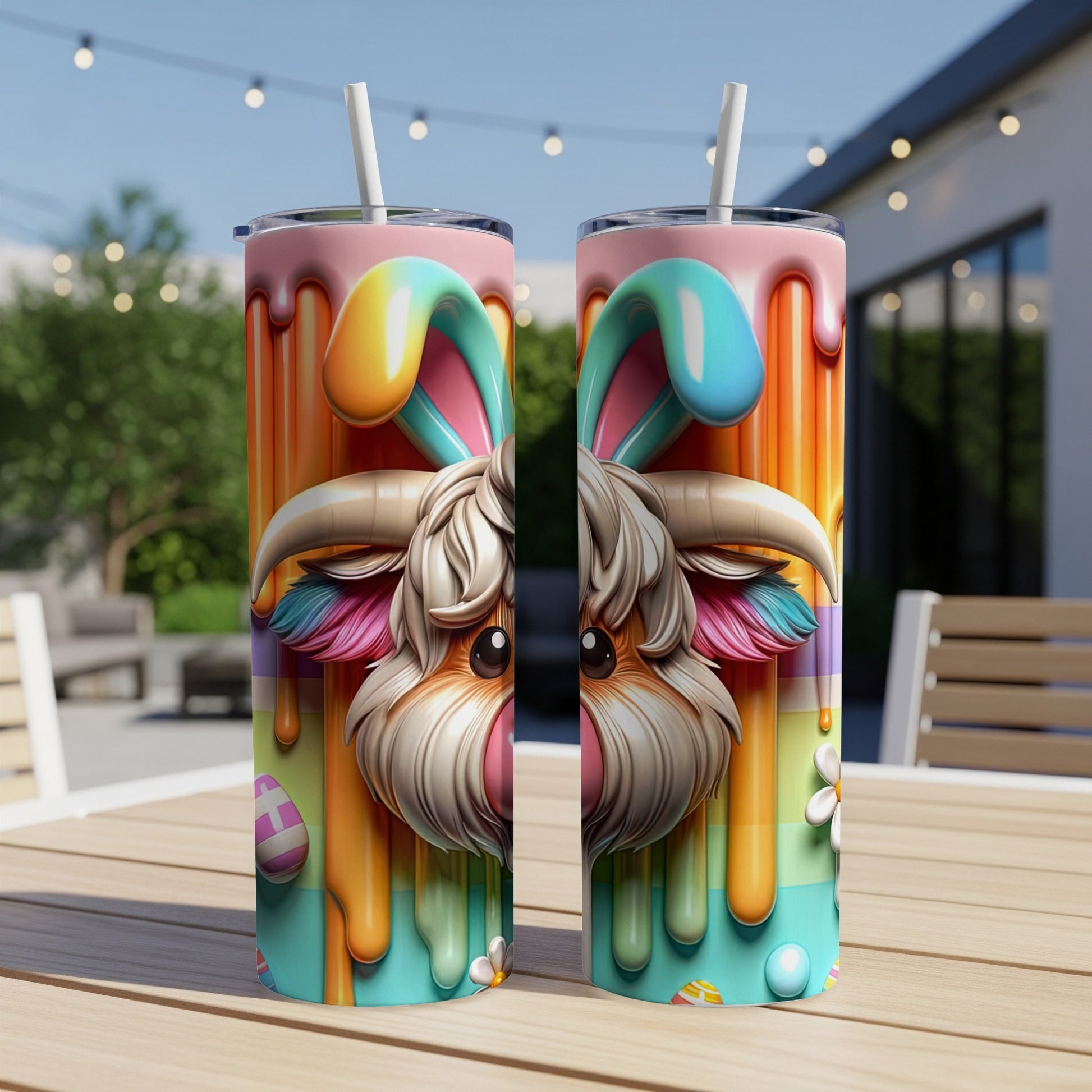Two tumblers with colorful Easter bunny design on a wooden table.