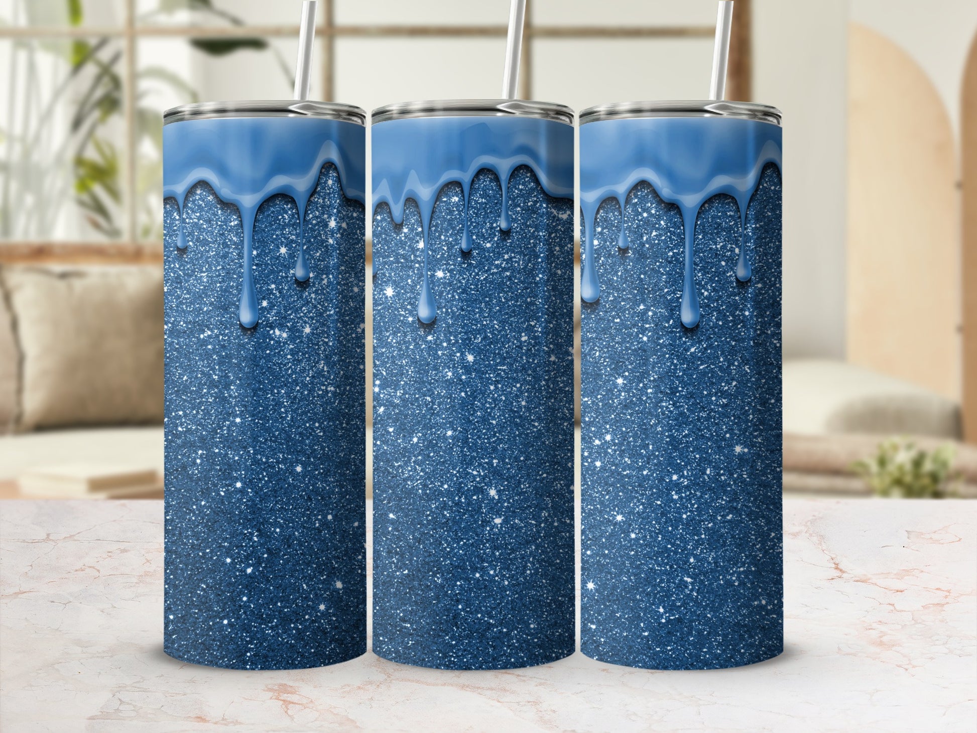 Blue Glitter Dripping Stainless Steel Tumbler