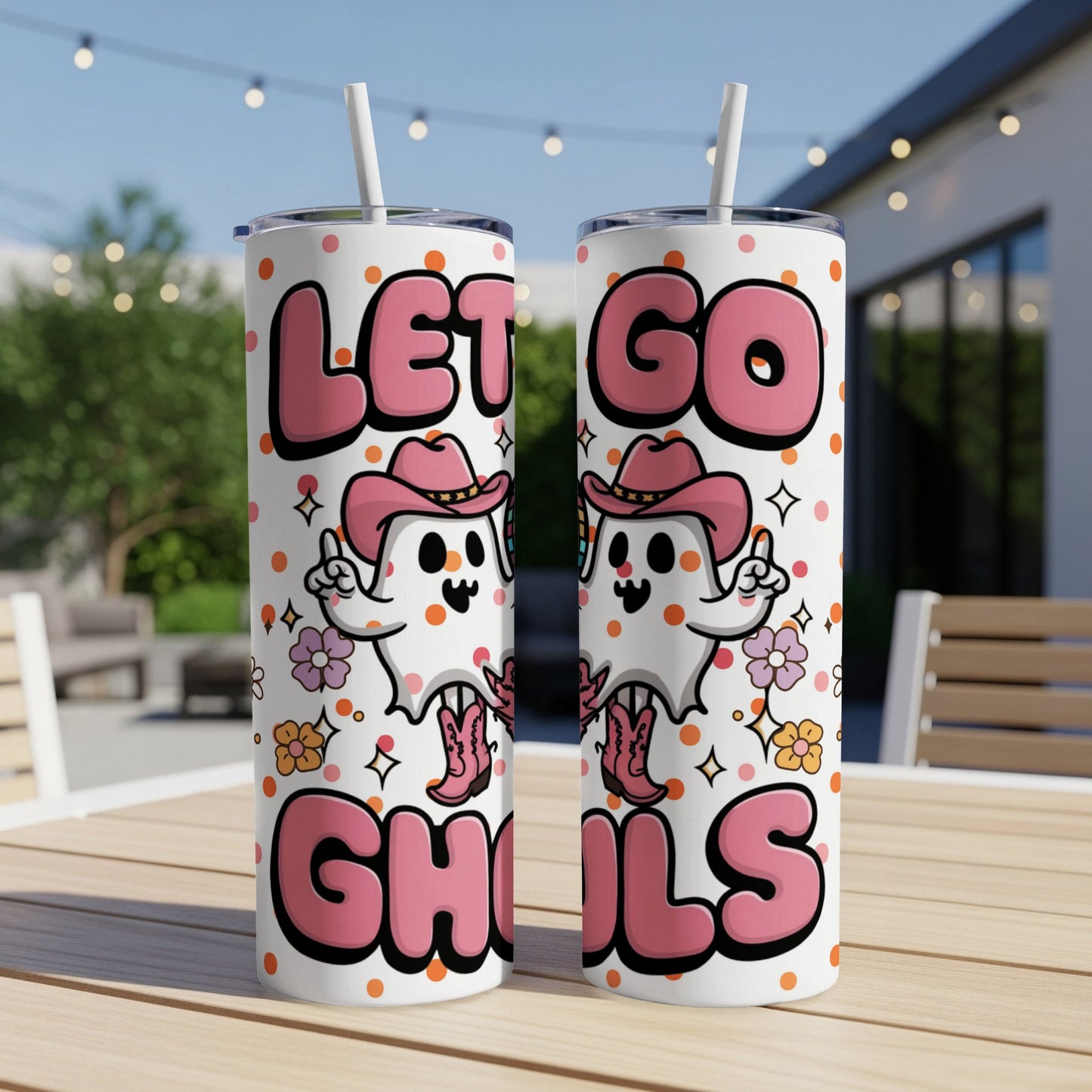 Two tumblers with "LET GO GHOULS" text and ghost graphics wearing cowboy hats and boots.