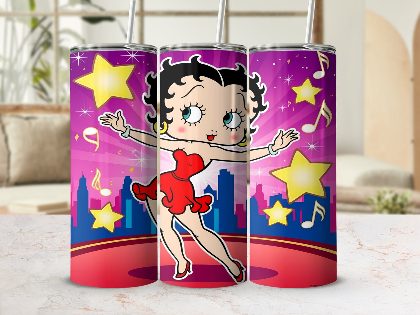 Betty Boop dancing in a red dress with stars and city skyline background.