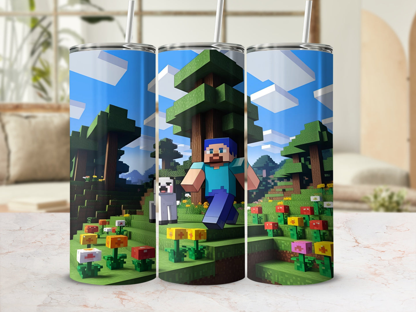 Steve and a dog run through a Minecraft world with trees and flowers.