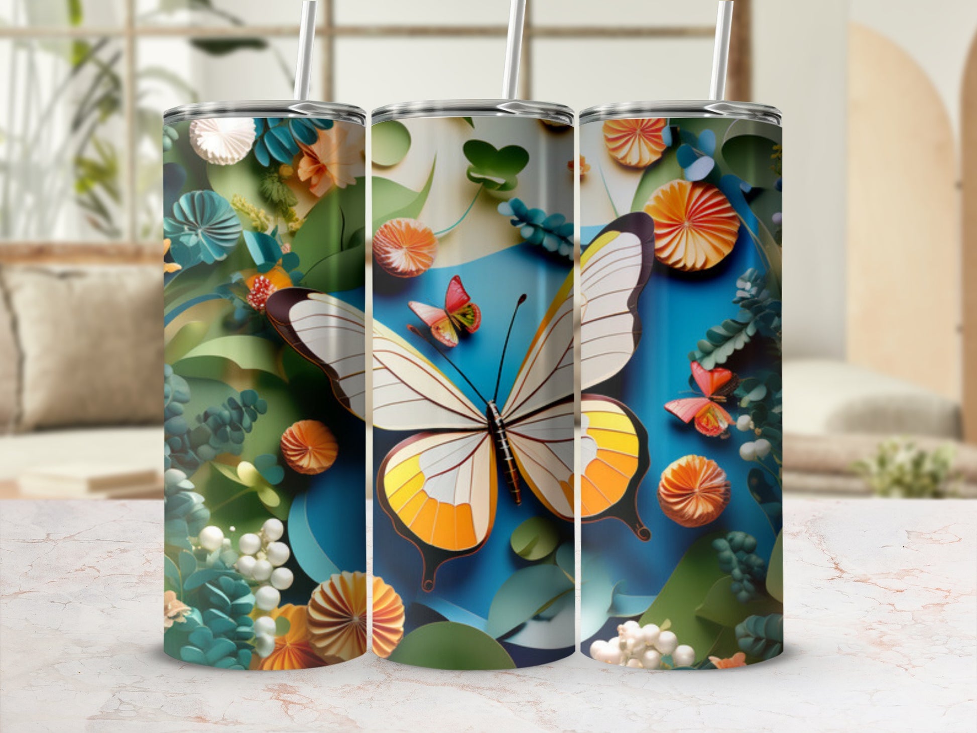 Tall tumbler with a large yellow and white butterfly and floral designs.