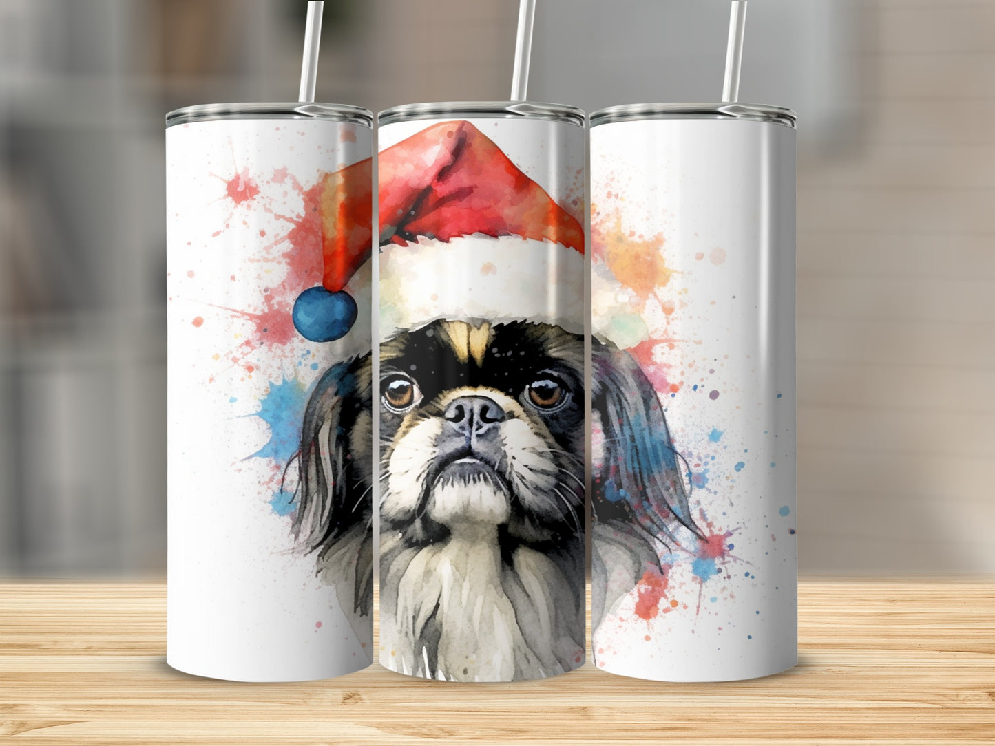 Watercolor painting of a Pekingese dog wearing a Santa hat on a white tumbler.