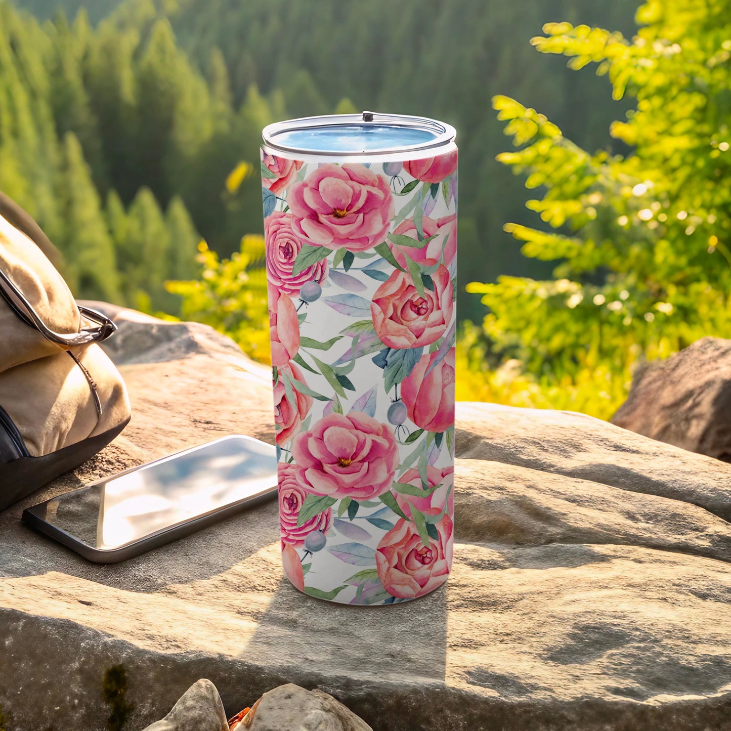 Pink Roses Floral Patterned Travel Tumbler product type