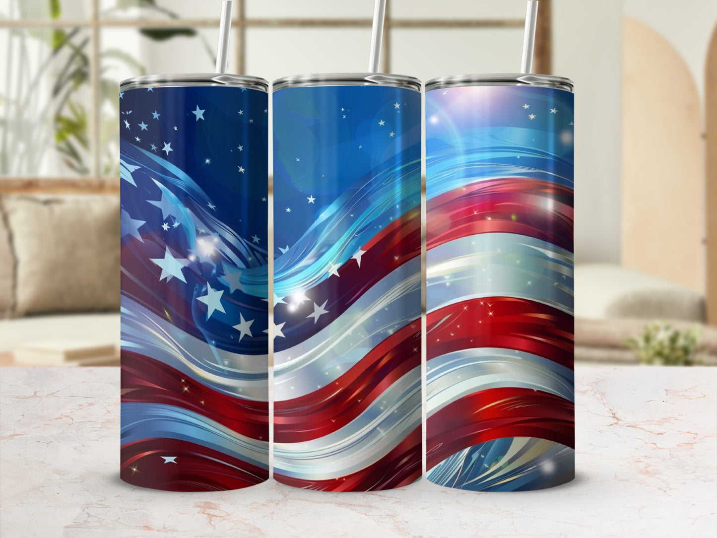 Three tumblers with American flag design and swirling blue and white accents.