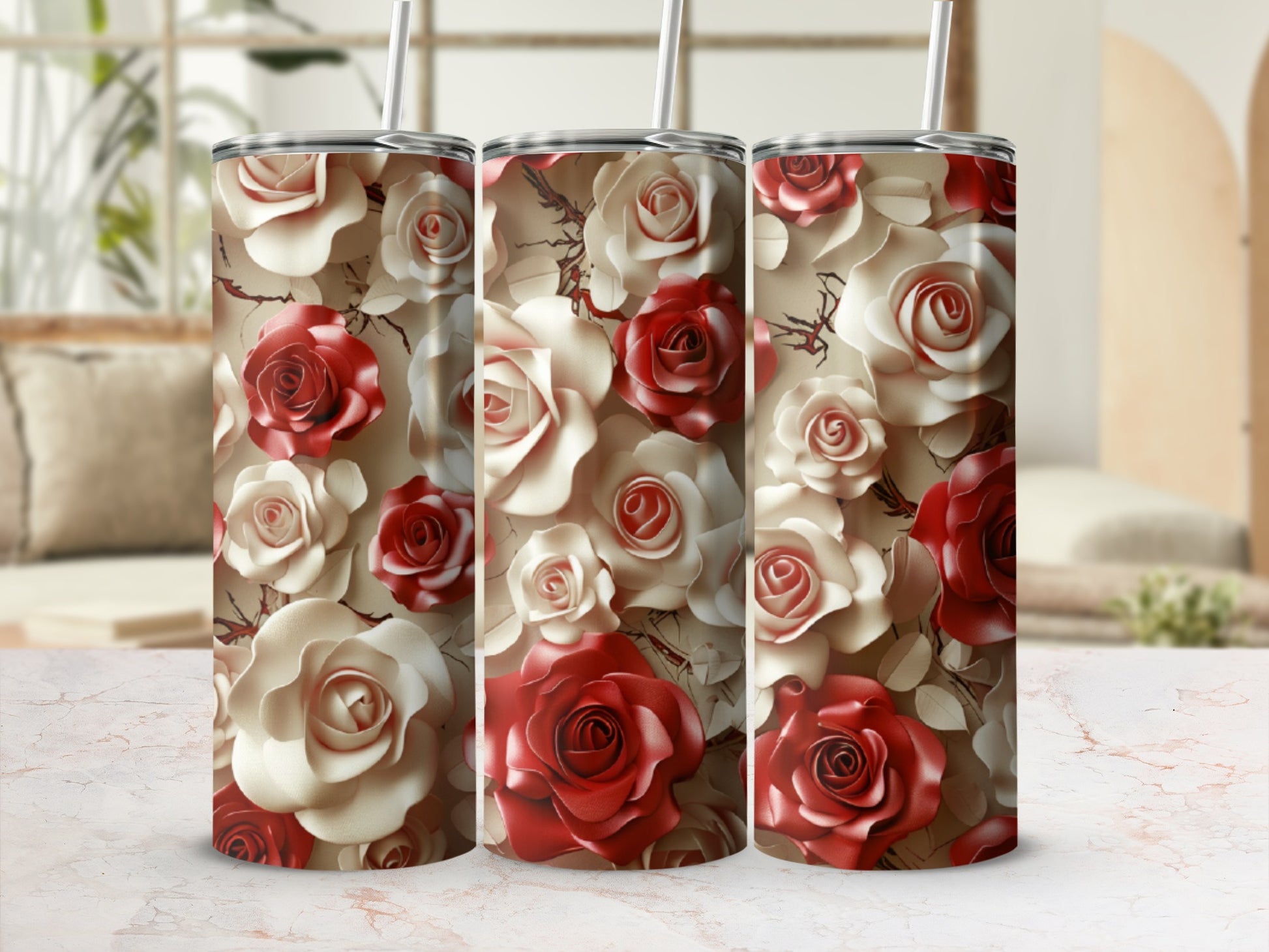 Three tumblers with red and cream rose floral pattern.