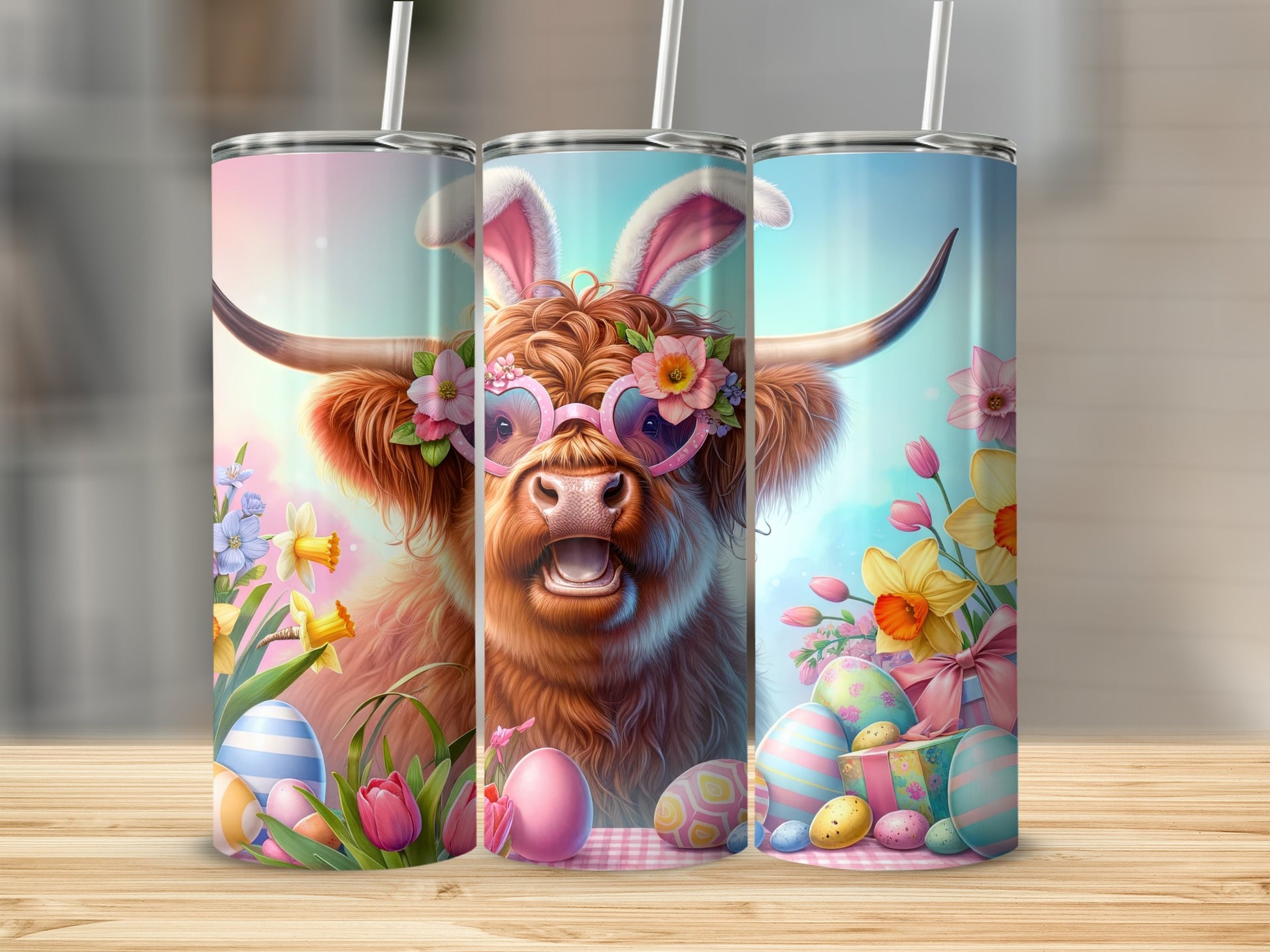 Highland cow with bunny ears and heart sunglasses, surrounded by Easter eggs and flowers.